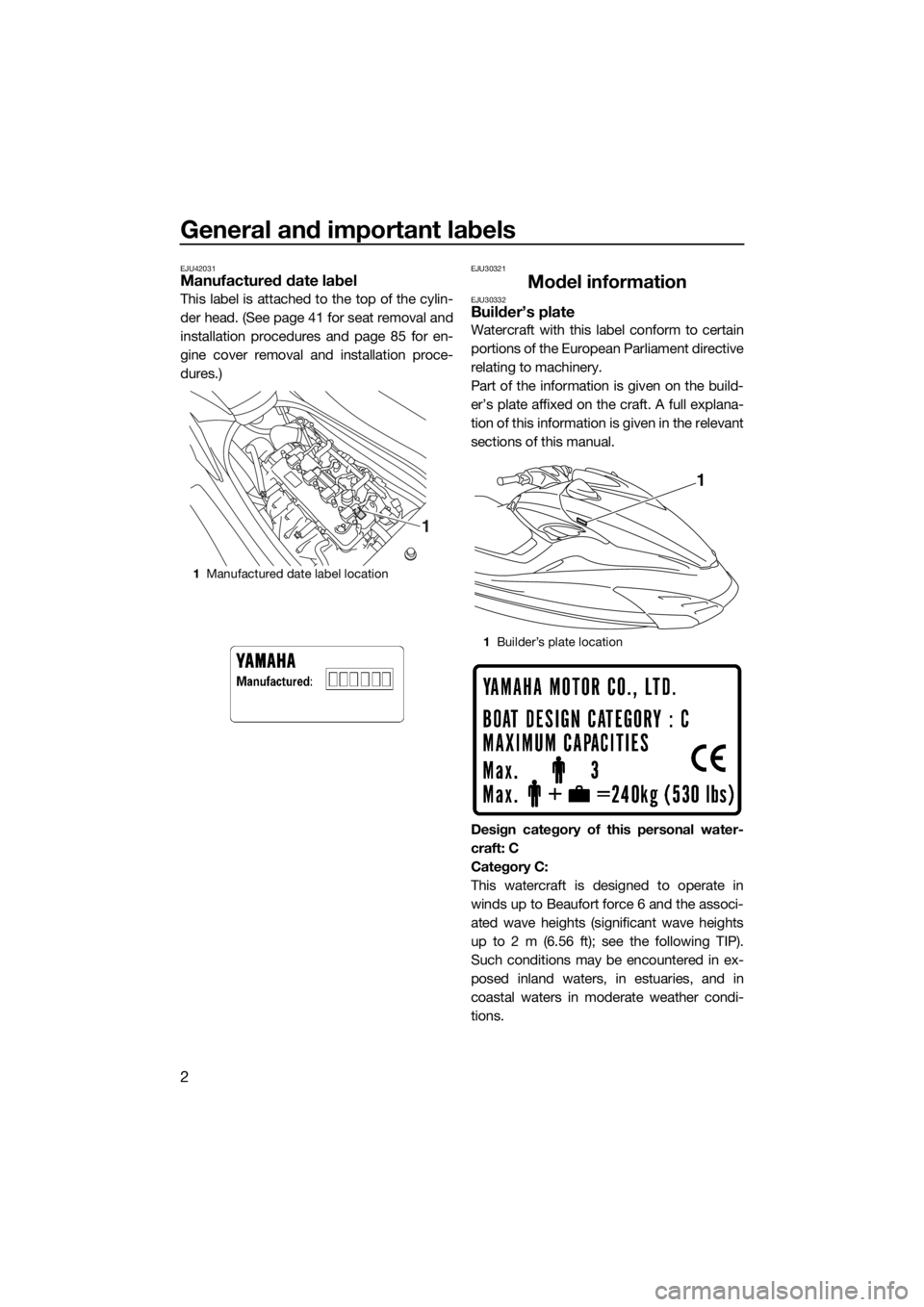 YAMAHA FZS 2015  Owners Manual General and important labels
2
EJU42031Manufactured date label
This label is attached to the top of the cylin-
der head. (See page 41 for seat removal and
installation procedures and page 85 for en-
g