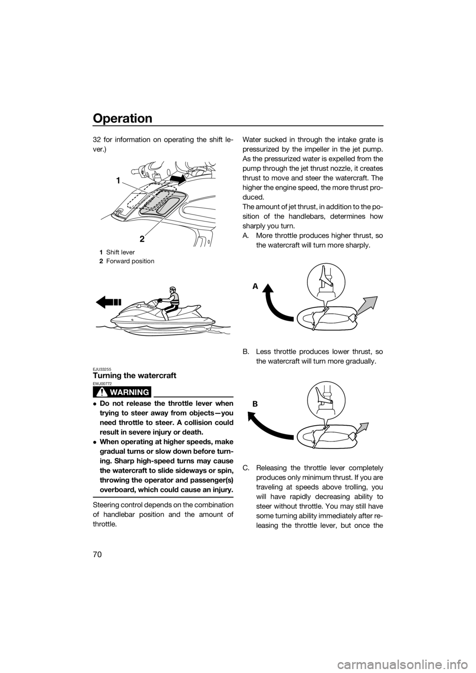 YAMAHA FZS 2015 Manual PDF Operation
70
32 for information on operating the shift le-
ver.)
EJU33255Turning the watercraft
WARNING
EWJ00772
Do not release the throttle lever when
trying to steer away from objects—you
need YAMAHA FZS 2015 Manual PDF Operation
70
32 for information on operating the shift le-
ver.)
EJU33255Turning the watercraft
WARNING
EWJ00772
Do not release the throttle lever when
trying to steer away from objects—you
need