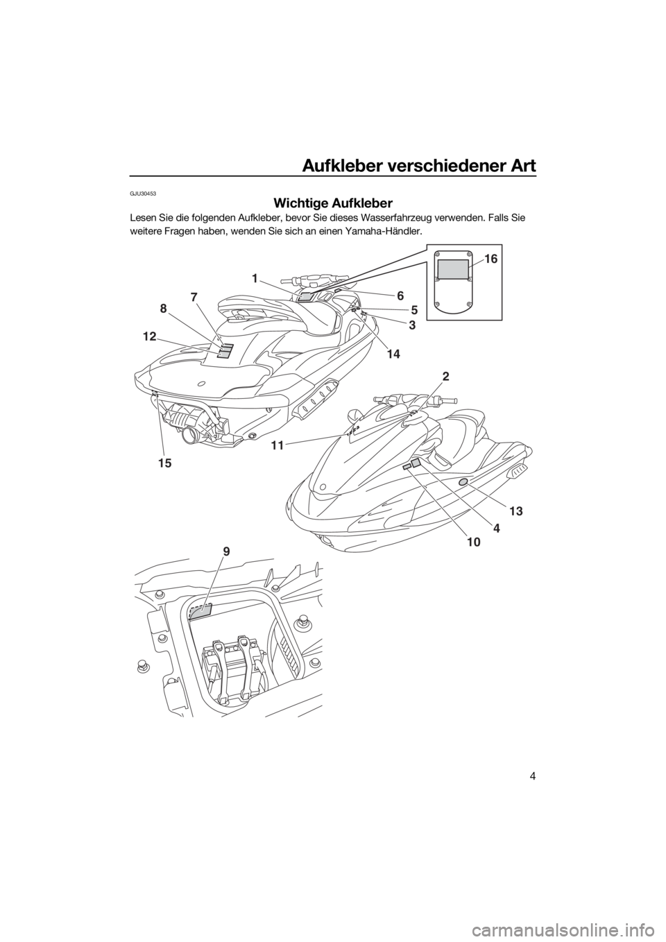 YAMAHA FZS 2015 Betriebsanleitungen (in German) Aufkleber verschiedener Art
4
GJU30453
Wichtige Aufkleber
Lesen Sie die folgenden Aufkleber, bevor Sie dieses Wasserfahrzeug verwenden. Falls Sie
weitere Fragen haben, wenden Sie sich an einen Yamaha YAMAHA FZS 2015 Betriebsanleitungen (in German) Aufkleber verschiedener Art
4
GJU30453
Wichtige Aufkleber
Lesen Sie die folgenden Aufkleber, bevor Sie dieses Wasserfahrzeug verwenden. Falls Sie
weitere Fragen haben, wenden Sie sich an einen Yamaha