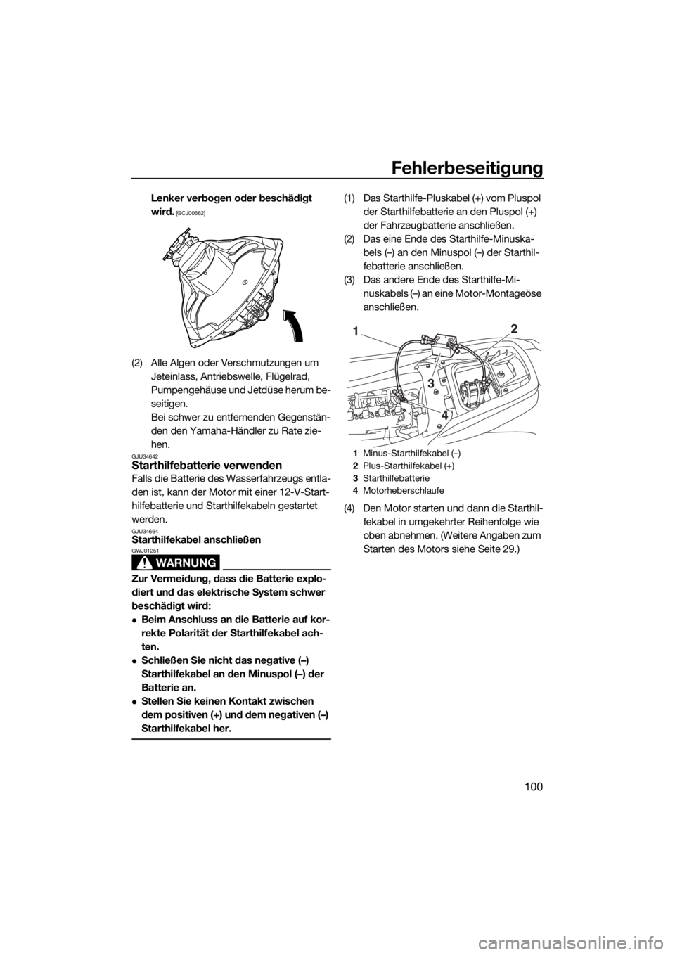 YAMAHA FZS 2015  Betriebsanleitungen (in German) Fehlerbeseitigung
100
Lenker verbogen oder beschädigt 
wird.
 [GCJ00662]
(2) Alle Algen oder Verschmutzungen um 
Jeteinlass, Antriebswelle, Flügelrad, 
Pumpengehäuse und Jetdüse herum be-
seitigen