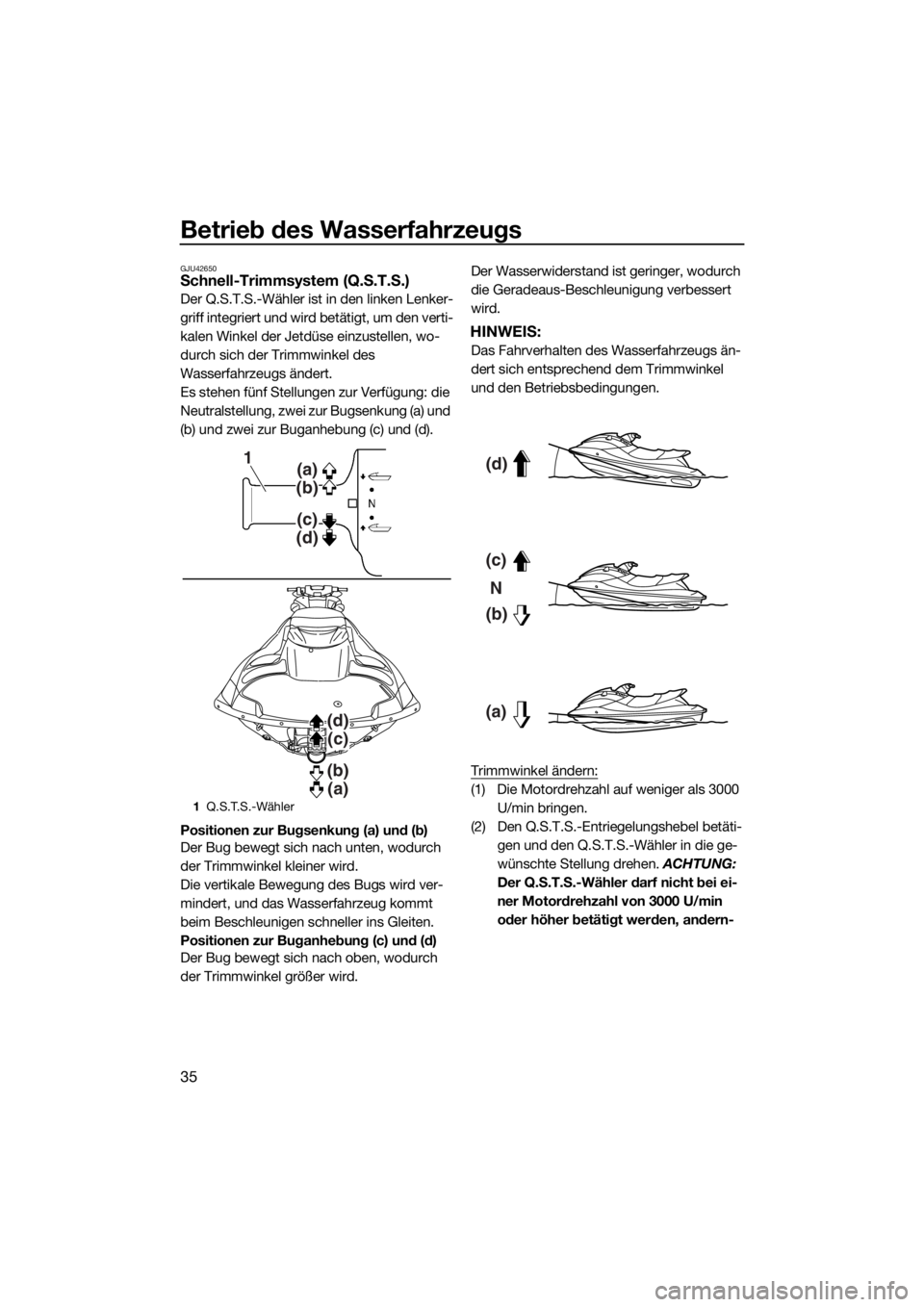 YAMAHA FZS 2015  Betriebsanleitungen (in German) Betrieb des Wasserfahrzeugs
35
GJU42650Schnell-Trimmsystem (Q.S.T.S.)
Der Q.S.T.S.-Wähler ist in den linken Lenker-
griff integriert und wird betätigt, um den verti-
kalen Winkel der Jetdüse einzus