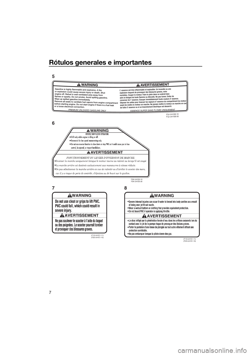 YAMAHA FZS 2015  Manuale de Empleo (in Spanish) Rótulos generales e importantes
7
F3J-U415B-10 
F3J-U415B-30
(F1S-U41E1-11) 
(F2S-U41E1-10)(F1S-U41E1-11) 
(F2S-U41E1-10)
F3K-U41D5-10 
F3K-U41D5-30
5
6
78
UF3K71S0.book  Page 7  Tuesday, August 5, 2