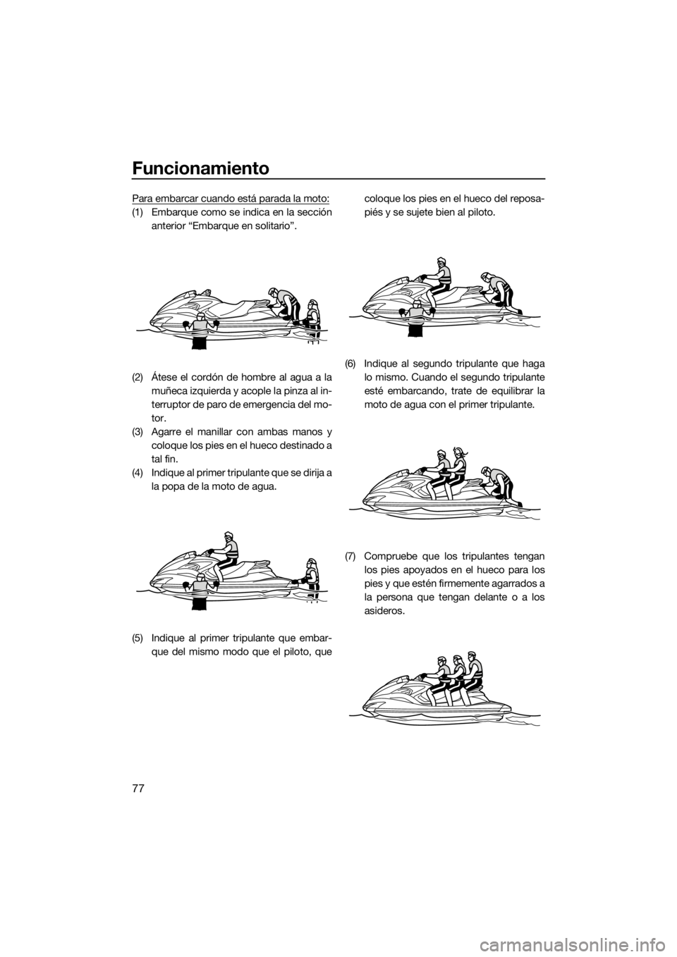 YAMAHA FZS 2015 Manuale de Empleo (in Spanish) Funcionamiento
77
Para embarcar cuando está parada la moto:
(1) Embarque como se indica en la sección
anterior “Embarque en solitario”.
(2) Átese el cordón de hombre al agua a la
muñeca izqui YAMAHA FZS 2015 Manuale de Empleo (in Spanish) Funcionamiento
77
Para embarcar cuando está parada la moto:
(1) Embarque como se indica en la sección
anterior “Embarque en solitario”.
(2) Átese el cordón de hombre al agua a la
muñeca izqui