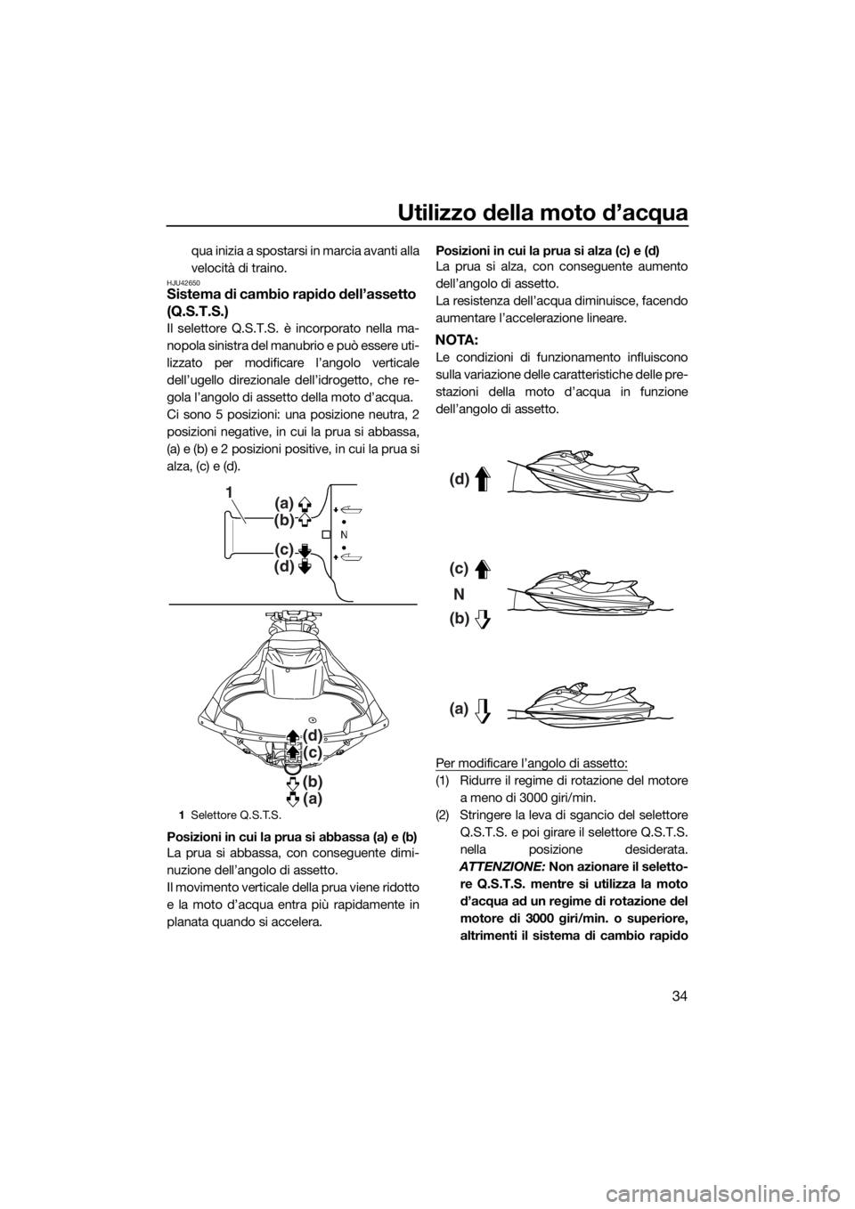 YAMAHA FZS 2015 Manuale duso (in Italian) Utilizzo della moto d’acqua
34
qua inizia a spostarsi in marcia avanti alla
velocità di traino.
HJU42650Sistema di cambio rapido dell’assetto
(Q.S.T.S.)
Il selettore Q.S.T.S. è incorporato nell YAMAHA FZS 2015 Manuale duso (in Italian) Utilizzo della moto d’acqua
34
qua inizia a spostarsi in marcia avanti alla
velocità di traino.
HJU42650Sistema di cambio rapido dell’assetto
(Q.S.T.S.)
Il selettore Q.S.T.S. è incorporato nell