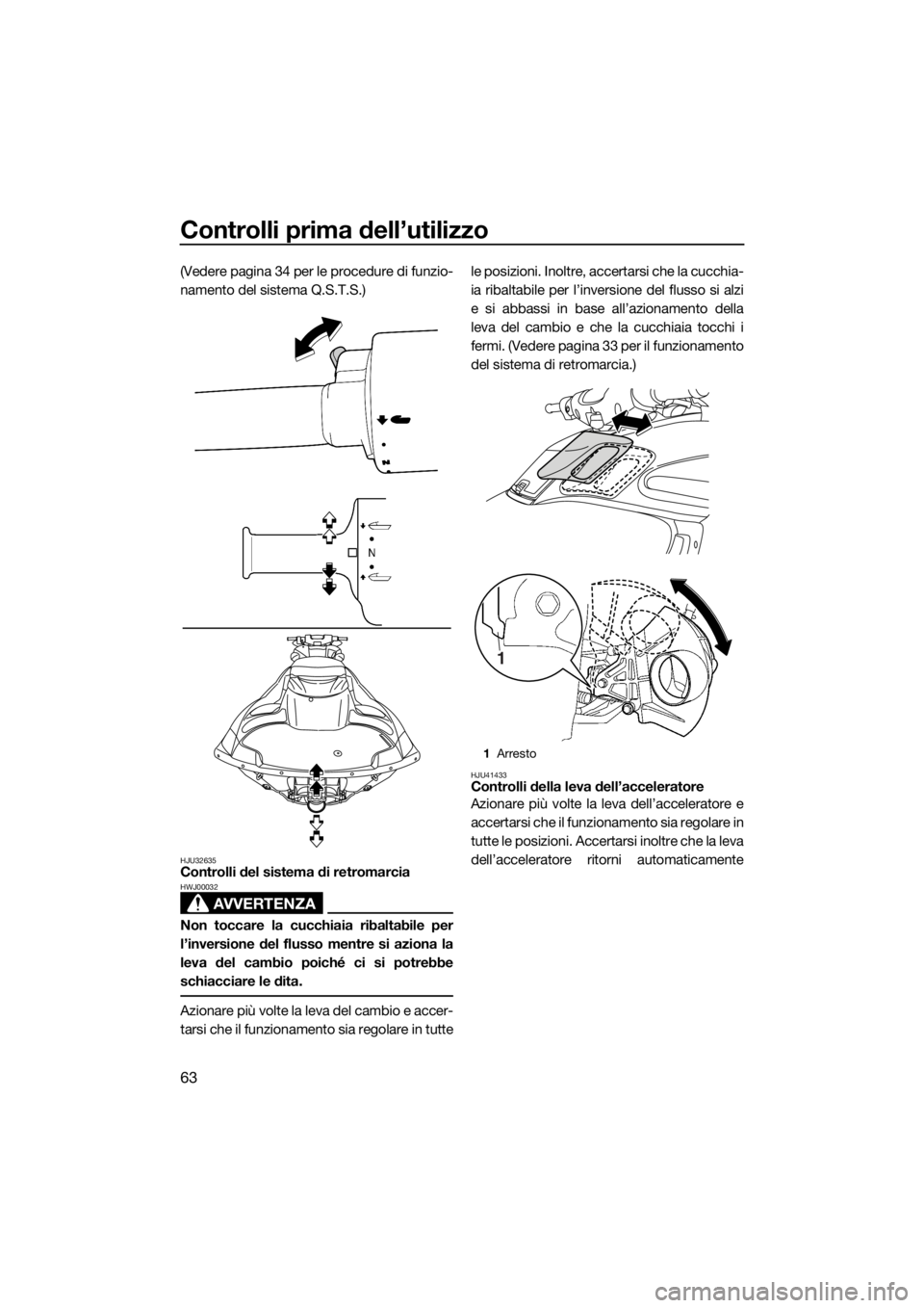 YAMAHA FZS 2015 Manuale duso (in Italian) Controlli prima dell’utilizzo
63
(Vedere pagina 34 per le procedure di funzio-
namento del sistema Q.S.T.S.)
HJU32635Controlli del sistema di retromarcia
AVVERTENZA
HWJ00032
Non toccare la cucchiaia YAMAHA FZS 2015 Manuale duso (in Italian) Controlli prima dell’utilizzo
63
(Vedere pagina 34 per le procedure di funzio-
namento del sistema Q.S.T.S.)
HJU32635Controlli del sistema di retromarcia
AVVERTENZA
HWJ00032
Non toccare la cucchiaia