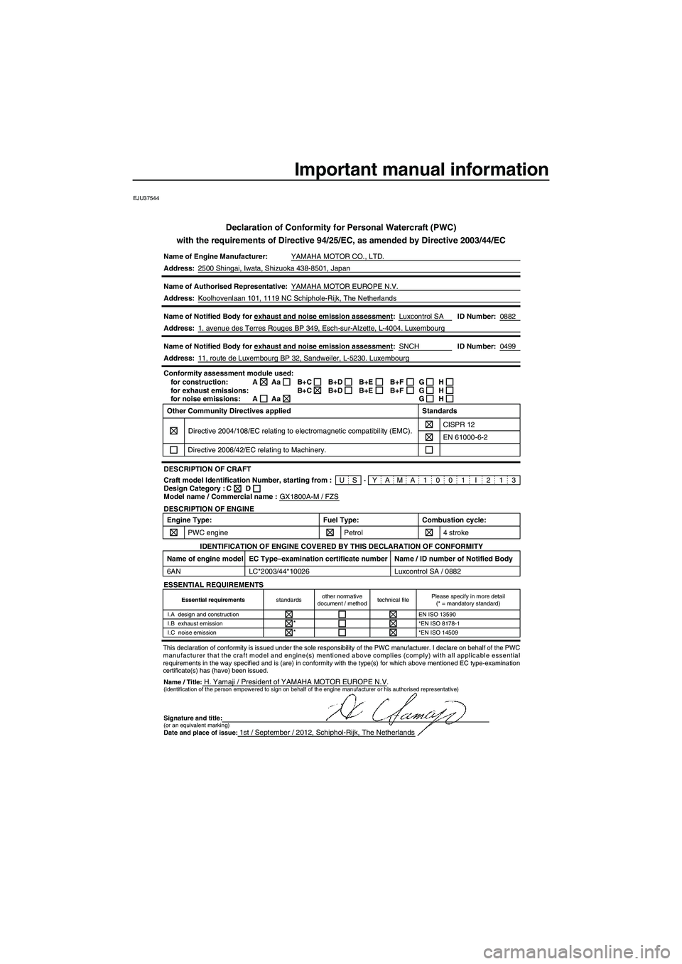 YAMAHA FZS 2013  Owners Manual Important manual information
EJU37544
Declaration of Conformity for Personal Watercraft (PWC)
with the requirements of Directive 94/25/EC, as amended by Directive 200\
3/44/EC
Name of Engine Manufactu