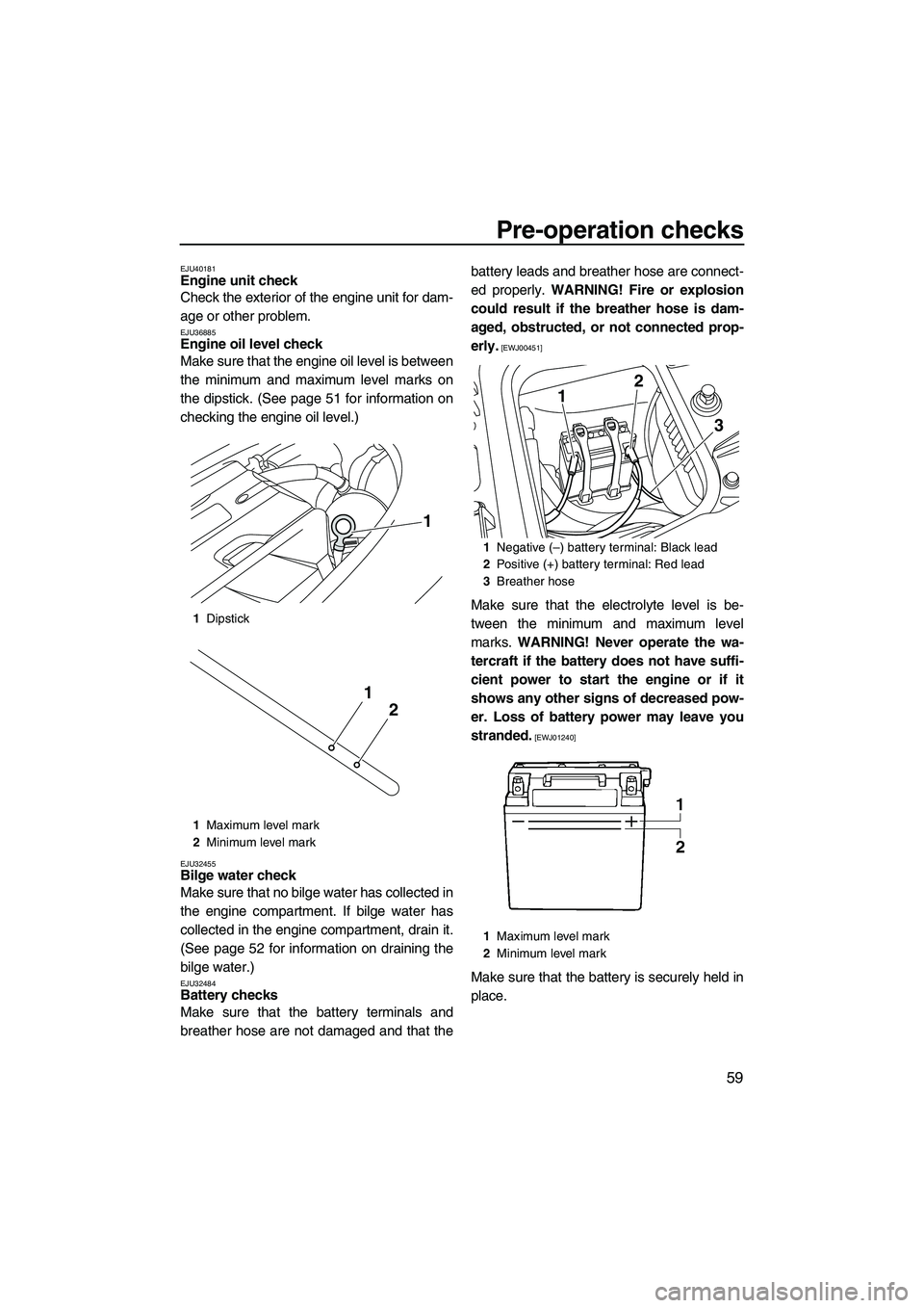 YAMAHA FZS 2013  Owners Manual Pre-operation checks
59
EJU40181Engine unit check 
Check the exterior of the engine unit for dam-
age or other problem.
EJU36885Engine oil level check 
Make sure that the engine oil level is between
t