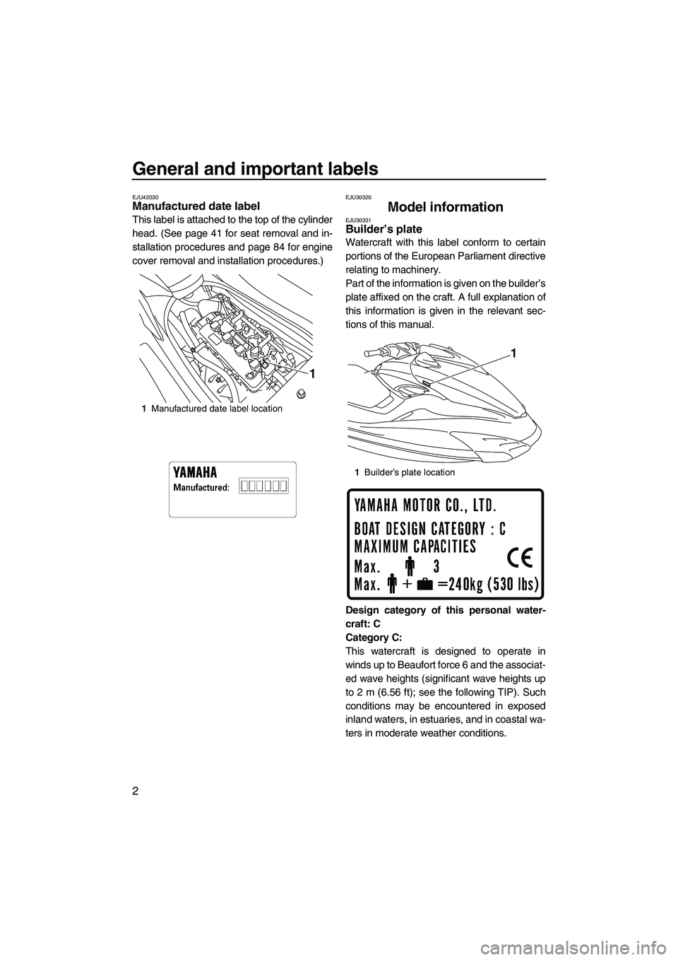 YAMAHA FZS 2013  Owners Manual General and important labels
2
EJU42030Manufactured date label 
This label is attached to the top of the cylinder
head. (See page 41 for seat removal and in-
stallation procedures and page 84 for engi