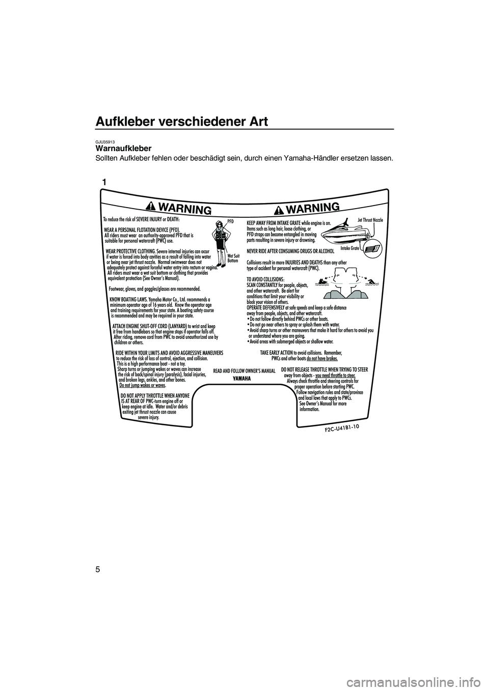 YAMAHA FZS 2013  Notices Demploi (in French) Aufkleber verschiedener Art
5
GJU35913Warnaufkleber 
Sollten Aufkleber fehlen oder beschädigt sein, durch einen Yamaha-Händler ersetzen lassen.
1
UF2C74G0.book  Page 5  Monday, July 30, 2012  3:48 P