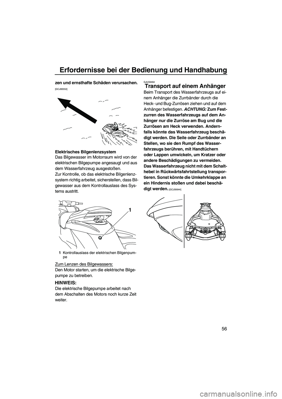 YAMAHA FZS 2013  Notices Demploi (in French) Erfordernisse bei der Bedienung und Handhabung
56
zen und ernsthafte Schäden verursachen. 
[GCJ00553]
Elektrisches Bilgenlenzsystem
Das Bilgewasser im Motorraum wird von der 
elektrischen Bilgepumpe 
