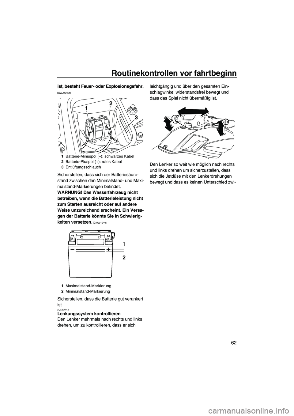 YAMAHA FZS 2013  Notices Demploi (in French) Routinekontrollen vor fahrtbeginn
62
ist, besteht Feuer- oder Explosionsgefahr. 
[GWJ00451]
Sicherstellen, dass sich der Batteriesäure-
stand zwischen den Minimalstand- und Maxi-
malstand-Markierunge
