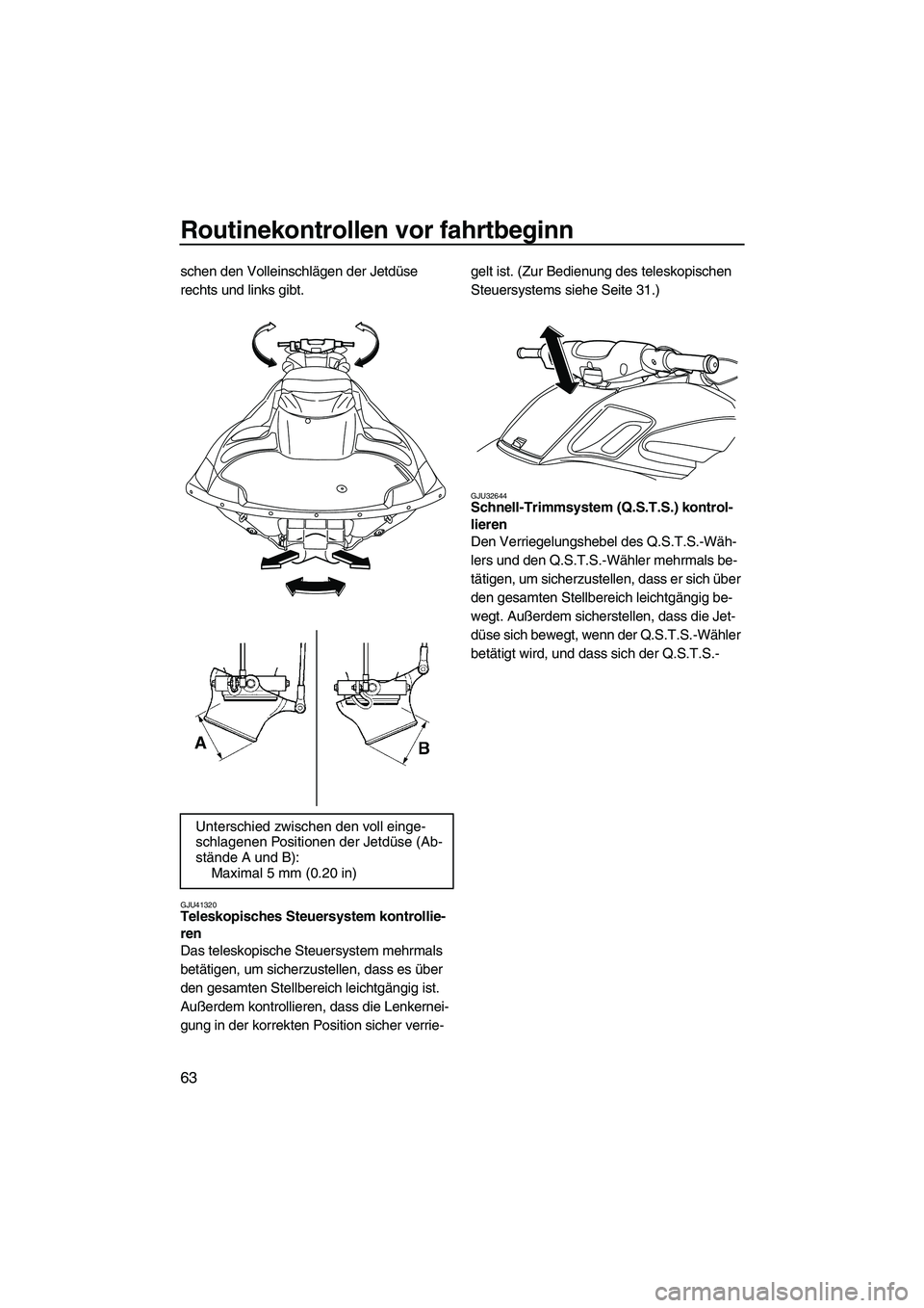 YAMAHA FZS 2013 Notices Demploi (in French) Routinekontrollen vor fahrtbeginn
63
schen den Volleinschlägen der Jetdüse
rechts und links gibt.
GJU41320Teleskopisches Steuersystem kontrollie-
ren
Das teleskopische Steuersystem mehrmals
betä YAMAHA FZS 2013 Notices Demploi (in French) Routinekontrollen vor fahrtbeginn
63
schen den Volleinschlägen der Jetdüse
rechts und links gibt.
GJU41320Teleskopisches Steuersystem kontrollie-
ren
Das teleskopische Steuersystem mehrmals
betä