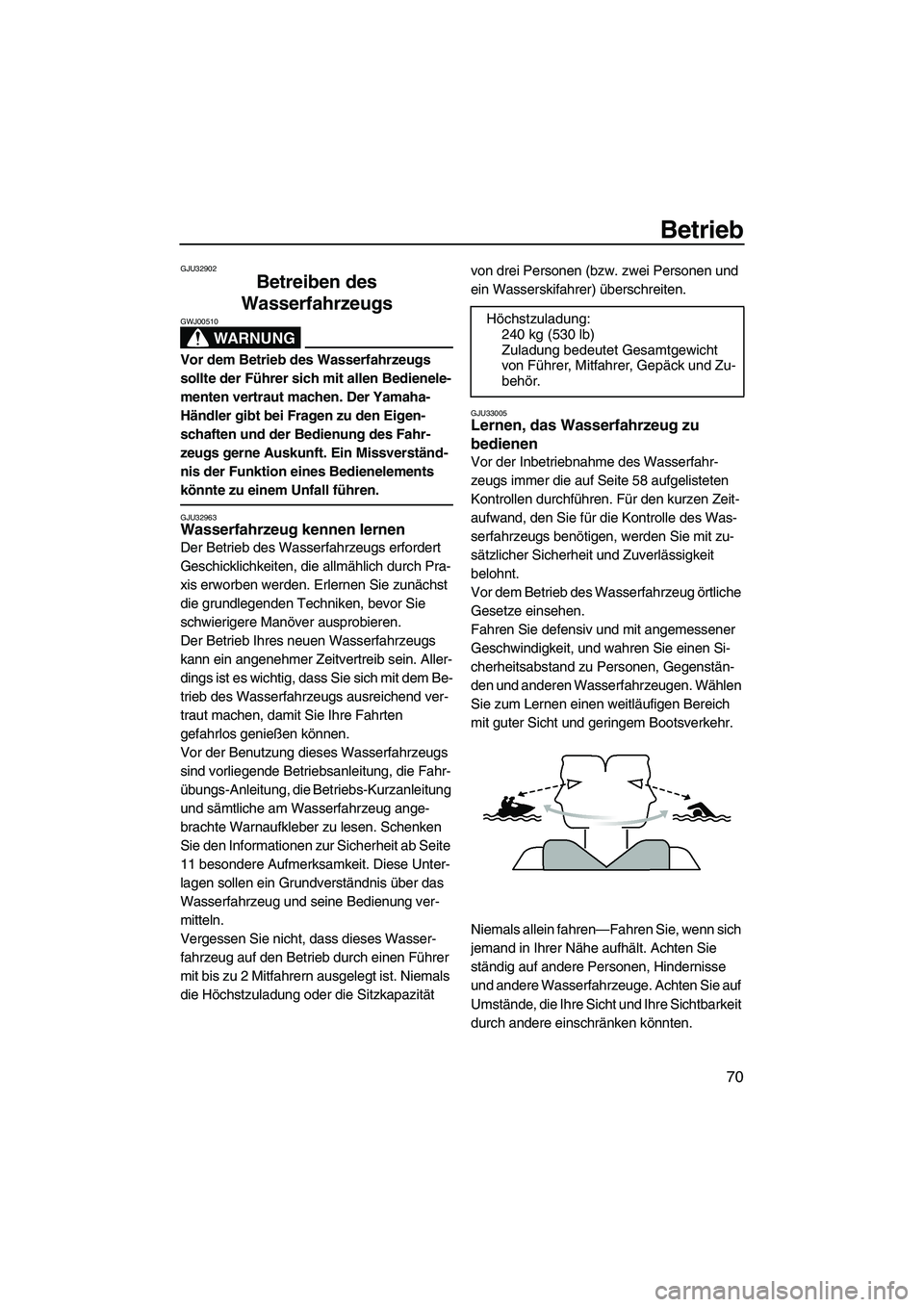 YAMAHA FZS 2013 Notices Demploi (in French) Betrieb
70
GJU32902
Betreiben des
Wasserfahrzeugs
WARNUNG
GWJ00510
Vor dem Betrieb des Wasserfahrzeugs
sollte der Führer sich mit allen Bedienele-
menten vertraut machen. Der Yamaha-
Händler gibt YAMAHA FZS 2013 Notices Demploi (in French) Betrieb
70
GJU32902
Betreiben des
Wasserfahrzeugs
WARNUNG
GWJ00510
Vor dem Betrieb des Wasserfahrzeugs
sollte der Führer sich mit allen Bedienele-
menten vertraut machen. Der Yamaha-
Händler gibt