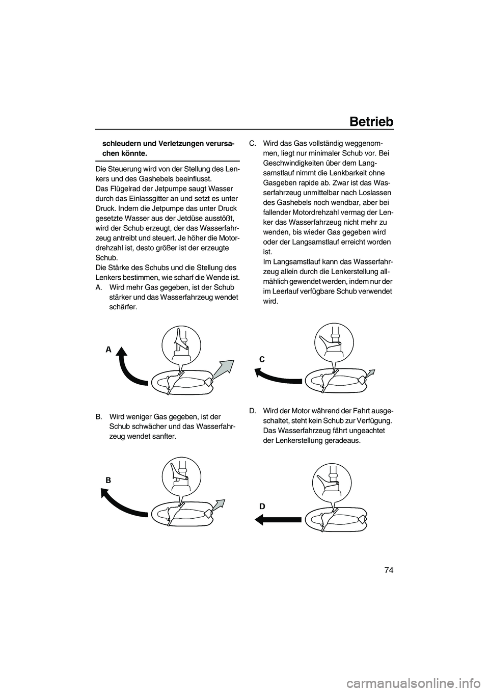 YAMAHA FZS 2013 Notices Demploi (in French) Betrieb
74
schleudern und Verletzungen verursa-
chen könnte.
Die Steuerung wird von der Stellung des Len-
kers und des Gashebels beeinflusst.
Das Flügelrad der Jetpumpe saugt Wasser
durch das Einla YAMAHA FZS 2013 Notices Demploi (in French) Betrieb
74
schleudern und Verletzungen verursa-
chen könnte.
Die Steuerung wird von der Stellung des Len-
kers und des Gashebels beeinflusst.
Das Flügelrad der Jetpumpe saugt Wasser
durch das Einla