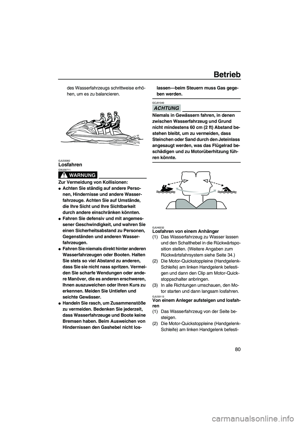 YAMAHA FZS 2013 Notices Demploi (in French) Betrieb
80
des Wasserfahrzeugs schrittweise erhö-
hen, um es zu balancieren.
GJU33082Losfahren
WARNUNG
GWJ00711
Zur Vermeidung von Kollisionen:
●Achten Sie ständig auf andere Perso-
nen, Hinderni YAMAHA FZS 2013 Notices Demploi (in French) Betrieb
80
des Wasserfahrzeugs schrittweise erhö-
hen, um es zu balancieren.
GJU33082Losfahren
WARNUNG
GWJ00711
Zur Vermeidung von Kollisionen:
●Achten Sie ständig auf andere Perso-
nen, Hinderni