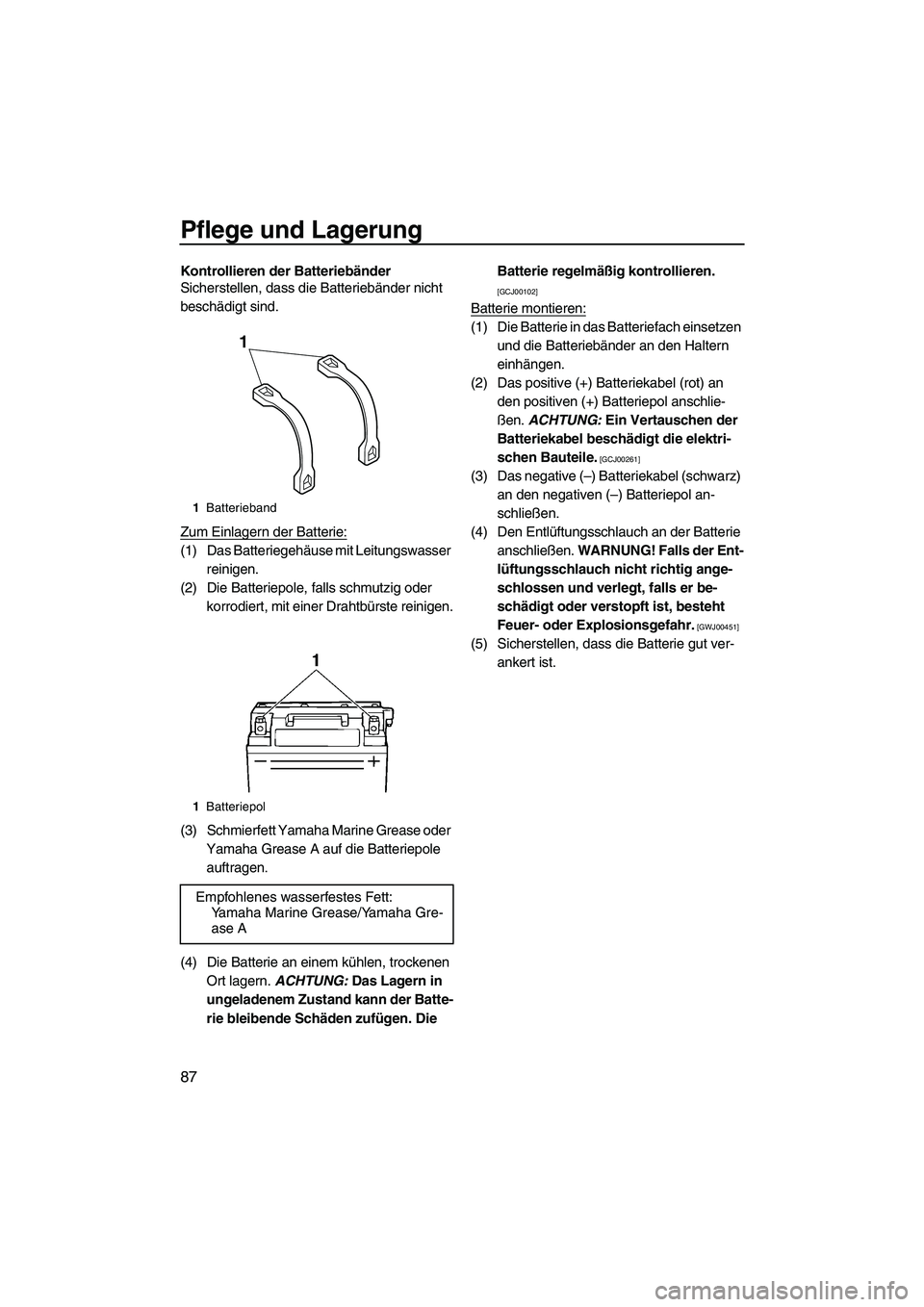 YAMAHA FZS 2013 Notices Demploi (in French) Pflege und Lagerung
87
Kontrollieren der Batteriebänder
Sicherstellen, dass die Batteriebänder nicht
beschädigt sind.
Zum Einlagern der Batterie:
(1) Das Batteriegehäuse mit Leitungswasser reinig YAMAHA FZS 2013 Notices Demploi (in French) Pflege und Lagerung
87
Kontrollieren der Batteriebänder
Sicherstellen, dass die Batteriebänder nicht
beschädigt sind.
Zum Einlagern der Batterie:
(1) Das Batteriegehäuse mit Leitungswasser reinig