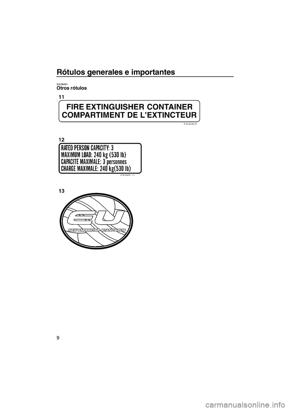 YAMAHA FZS 2013 Manuale de Empleo (in Spanish) Rótulos generales e importantes
9
SJU36261Otros rótulos
UF2C74S0.book Page 9 Tuesday, July 31, 2012 9:27 AM YAMAHA FZS 2013 Manuale de Empleo (in Spanish) Rótulos generales e importantes
9
SJU36261Otros rótulos
UF2C74S0.book Page 9 Tuesday, July 31, 2012 9:27 AM