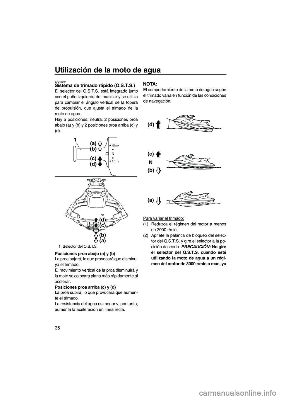 YAMAHA FZS 2013  Manuale de Empleo (in Spanish) Utilización de la moto de agua
35
SJU42640Sistema de trimado rápido (Q.S.T.S.) 
El selector del Q.S.T.S. está integrado junto
con el puño izquierdo del manillar y se utiliza
para cambiar el ángul