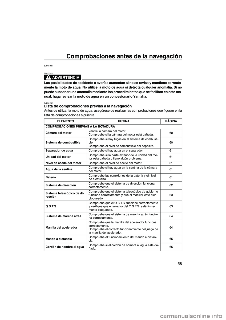 YAMAHA FZS 2013 Manuale de Empleo (in Spanish) Comprobaciones antes de la navegación
58
SJU31981
ADVERTENCIA
SWJ00411
Las posibilidades de accidente o averías aumentan si no se revisa y mantiene correcta-
mente la moto de agua. No utilice la mot YAMAHA FZS 2013 Manuale de Empleo (in Spanish) Comprobaciones antes de la navegación
58
SJU31981
ADVERTENCIA
SWJ00411
Las posibilidades de accidente o averías aumentan si no se revisa y mantiene correcta-
mente la moto de agua. No utilice la mot