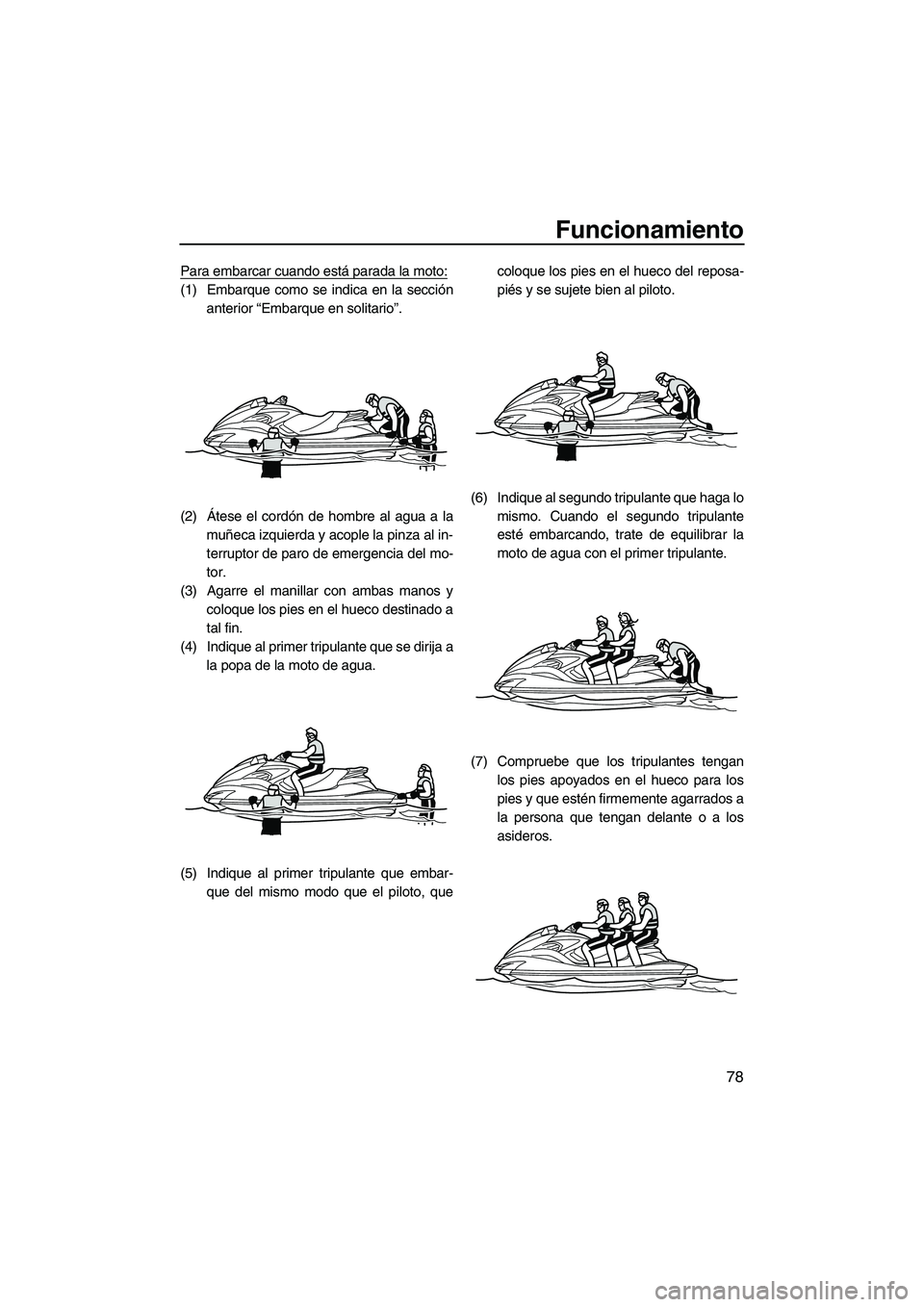 YAMAHA FZS 2013  Manuale de Empleo (in Spanish) Funcionamiento
78
Para embarcar cuando está parada la moto:
(1) Embarque como se indica en la secciónanterior “Embarque en solitario”.
(2) Átese el cordón de hombre al agua a la muñeca izquie