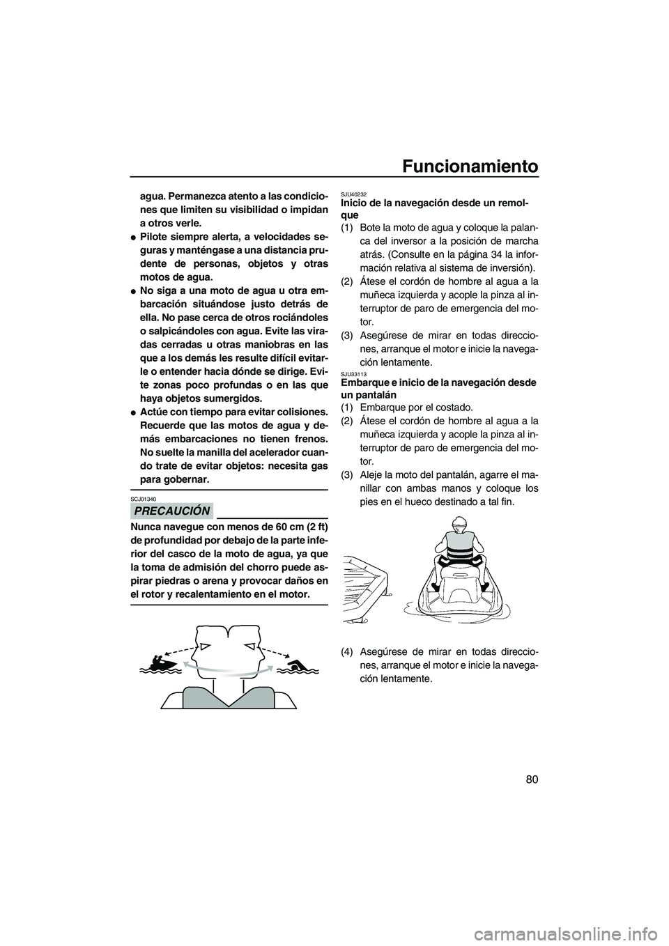 YAMAHA FZS 2013  Manuale de Empleo (in Spanish) Funcionamiento
80
agua. Permanezca atento a las condicio-
nes que limiten su visibilidad o impidan
a otros verle.
●Pilote siempre alerta, a velocidades se-
guras y manténgase a una distancia pru-
d