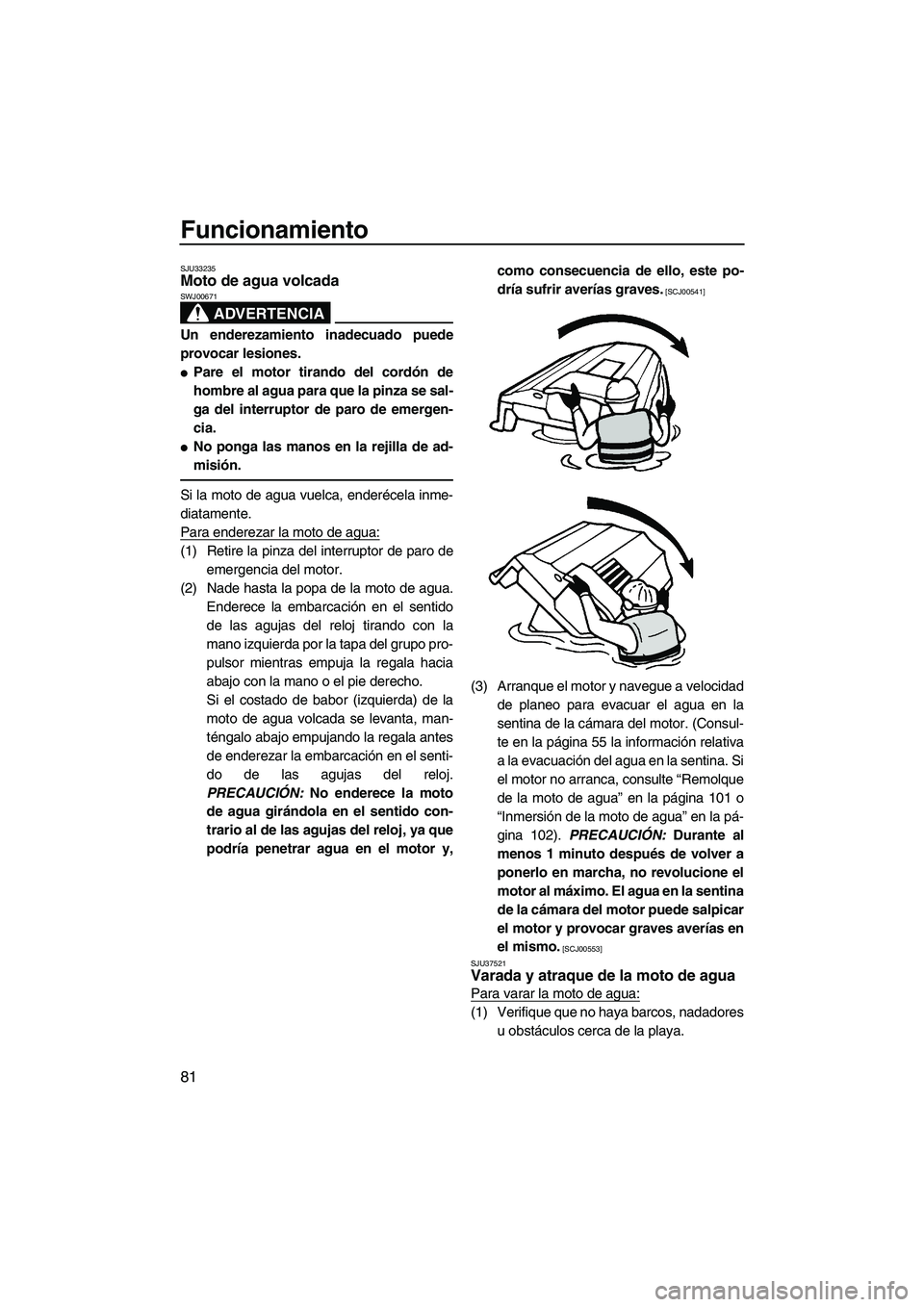 YAMAHA FZS 2013  Manuale de Empleo (in Spanish) Funcionamiento
81
SJU33235Moto de agua volcada 
ADVERTENCIA
SWJ00671
Un enderezamiento inadecuado puede
provocar lesiones.
●Pare el motor tirando del cordón de
hombre al agua para que la pinza se s