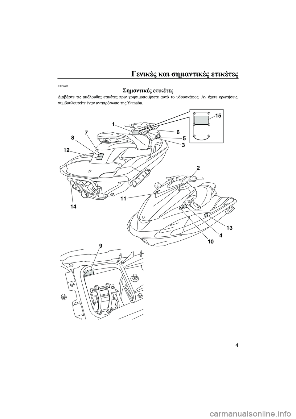 YAMAHA FZS 2013  ΟΔΗΓΌΣ ΧΡΉΣΗΣ (in Greek) Γενικές και  σημαντικές  ετικέτες
4
RJU30452
Σημαντικές  ετικέτες  
Διαβάστε  τις  ακόλουθες  ετικέτες  πριν  χρησιμ