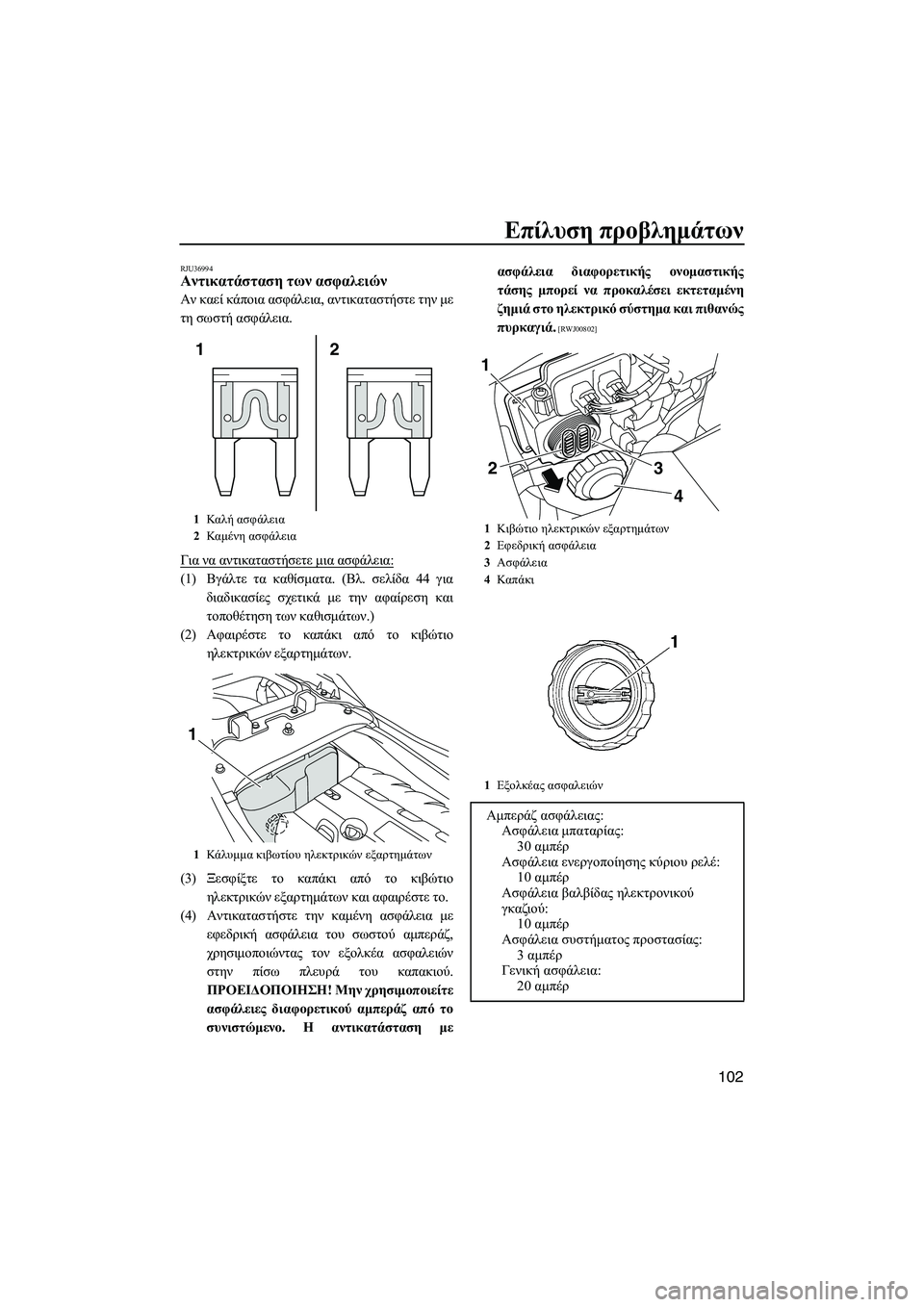 YAMAHA FZS 2013  ΟΔΗΓΌΣ ΧΡΉΣΗΣ (in Greek) Επίλυση προβλημάτων
102
RJU36994Αντικατάσταση  των  ασφαλειών  
Αν καεί  κάποια  ασφάλεια , αντικαταστήστε  την  με
τ