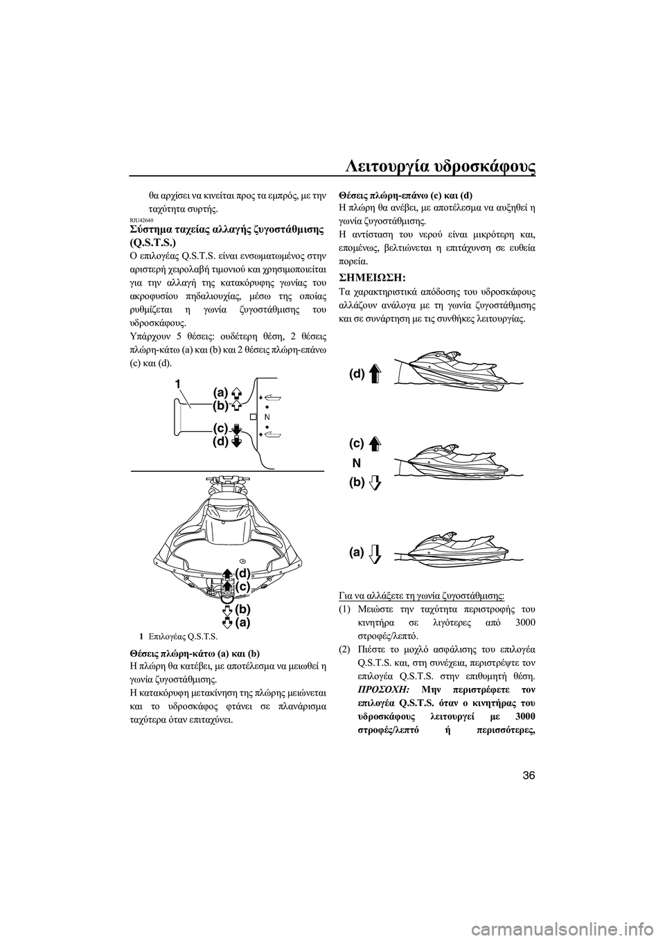 YAMAHA FZS 2013  ΟΔΗΓΌΣ ΧΡΉΣΗΣ (in Greek) Λειτουργία υδροσκάφους
36
θα αρχίσει  να  κινείται  προς  τα  εμπρός , με την
ταχύτητα  συρτής .
RJU42640Σύστημα  ταχε