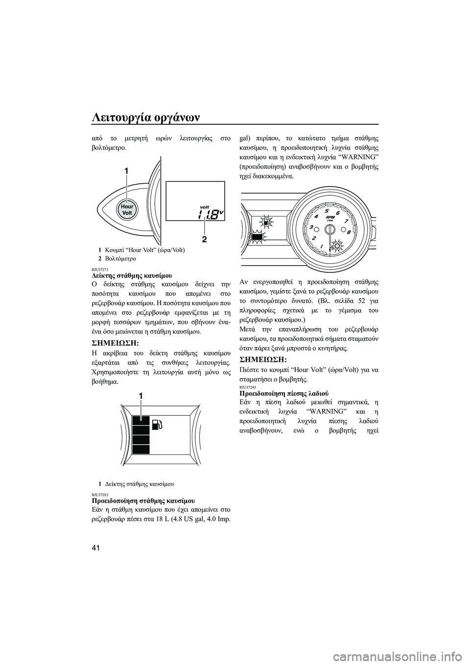 YAMAHA FZS 2013  ΟΔΗΓΌΣ ΧΡΉΣΗΣ (in Greek) Λειτουργία οργάνων
41
από το  μετρητή  ωρών  λειτουργίας  στο
βολτόμετρο .
RJU37271Δείκτης στάθμης  καυσίμου  
Ο   δε�