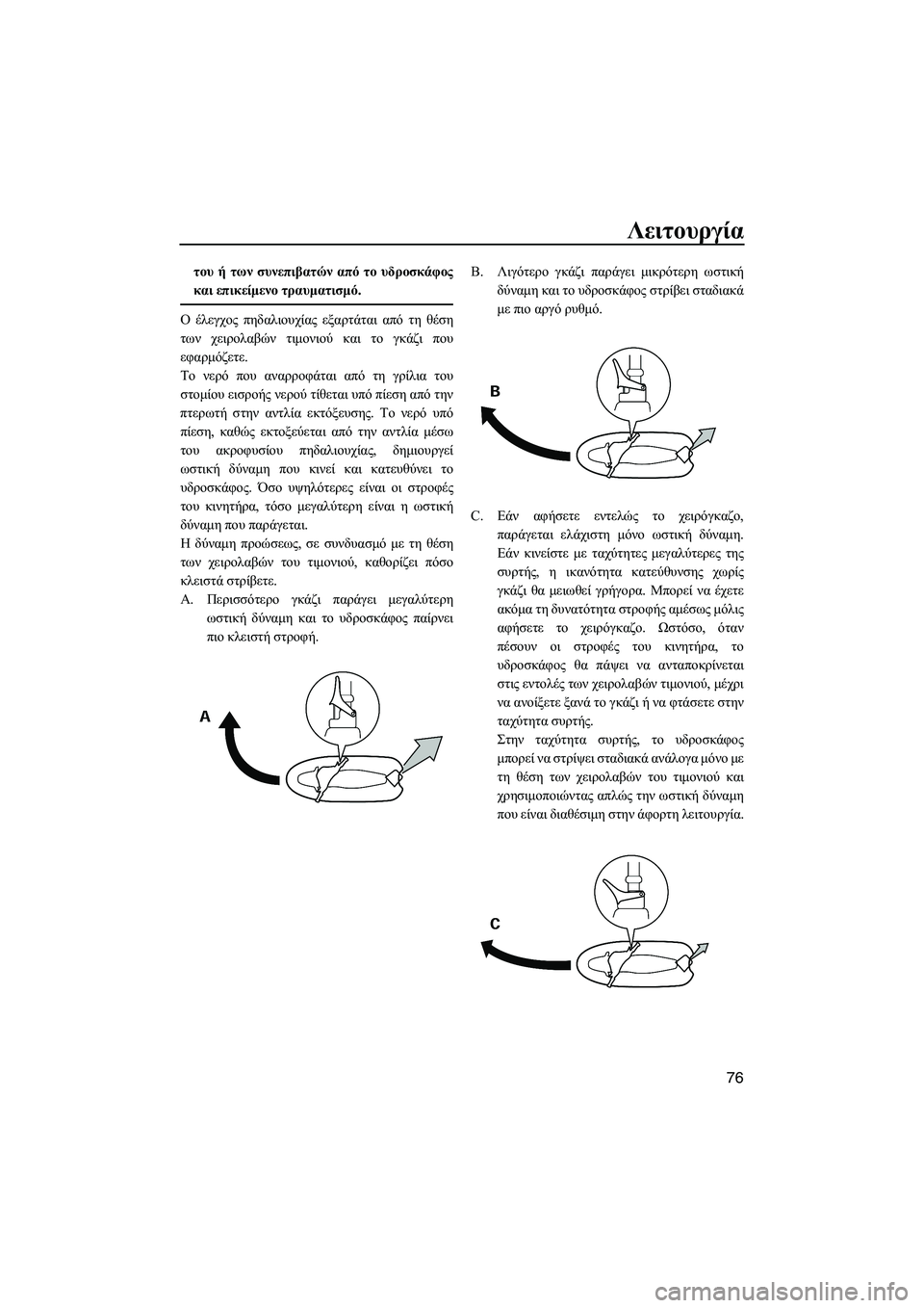 YAMAHA FZS 2013  ΟΔΗΓΌΣ ΧΡΉΣΗΣ (in Greek) Λειτουργία
76
του ή  των  συνεπιβατών  από  το  υδροσκάφος
και  επικείμενο  τραυματισμό.
Ο  έλεγχος  πηδαλιουχίας
