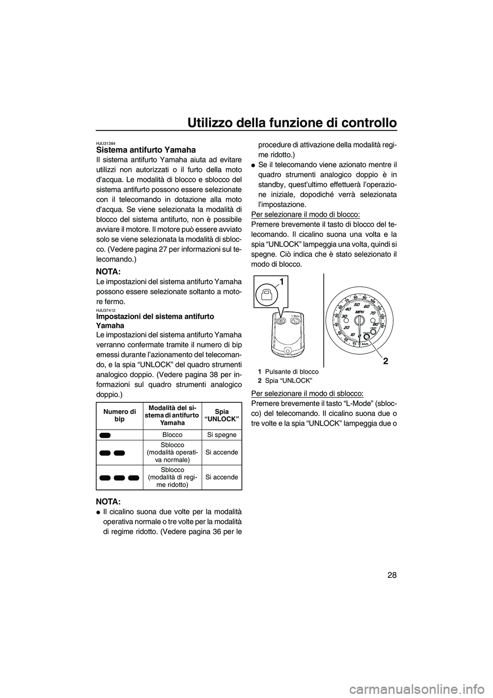 YAMAHA FZS 2013 Manuale duso (in Italian) Utilizzo della funzione di controllo
28
HJU31384Sistema antifurto Yamaha
Il sistema antifurto Yamaha aiuta ad evitare
utilizzi non autorizzati o il furto della moto
d’acqua. Le modalità di blocco YAMAHA FZS 2013 Manuale duso (in Italian) Utilizzo della funzione di controllo
28
HJU31384Sistema antifurto Yamaha
Il sistema antifurto Yamaha aiuta ad evitare
utilizzi non autorizzati o il furto della moto
d’acqua. Le modalità di blocco