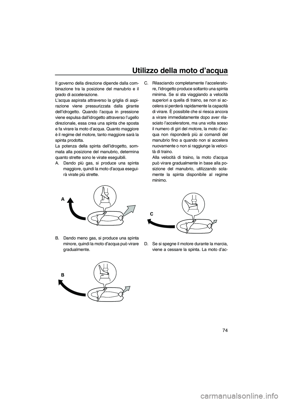 YAMAHA FZS 2013 Manuale duso (in Italian) Utilizzo della moto d’acqua
74
Il governo della direzione dipende dalla com-
binazione tra la posizione del manubrio e il
grado di accelerazione.
L’acqua aspirata attraverso la griglia di aspi-
ra YAMAHA FZS 2013 Manuale duso (in Italian) Utilizzo della moto d’acqua
74
Il governo della direzione dipende dalla com-
binazione tra la posizione del manubrio e il
grado di accelerazione.
L’acqua aspirata attraverso la griglia di aspi-
ra