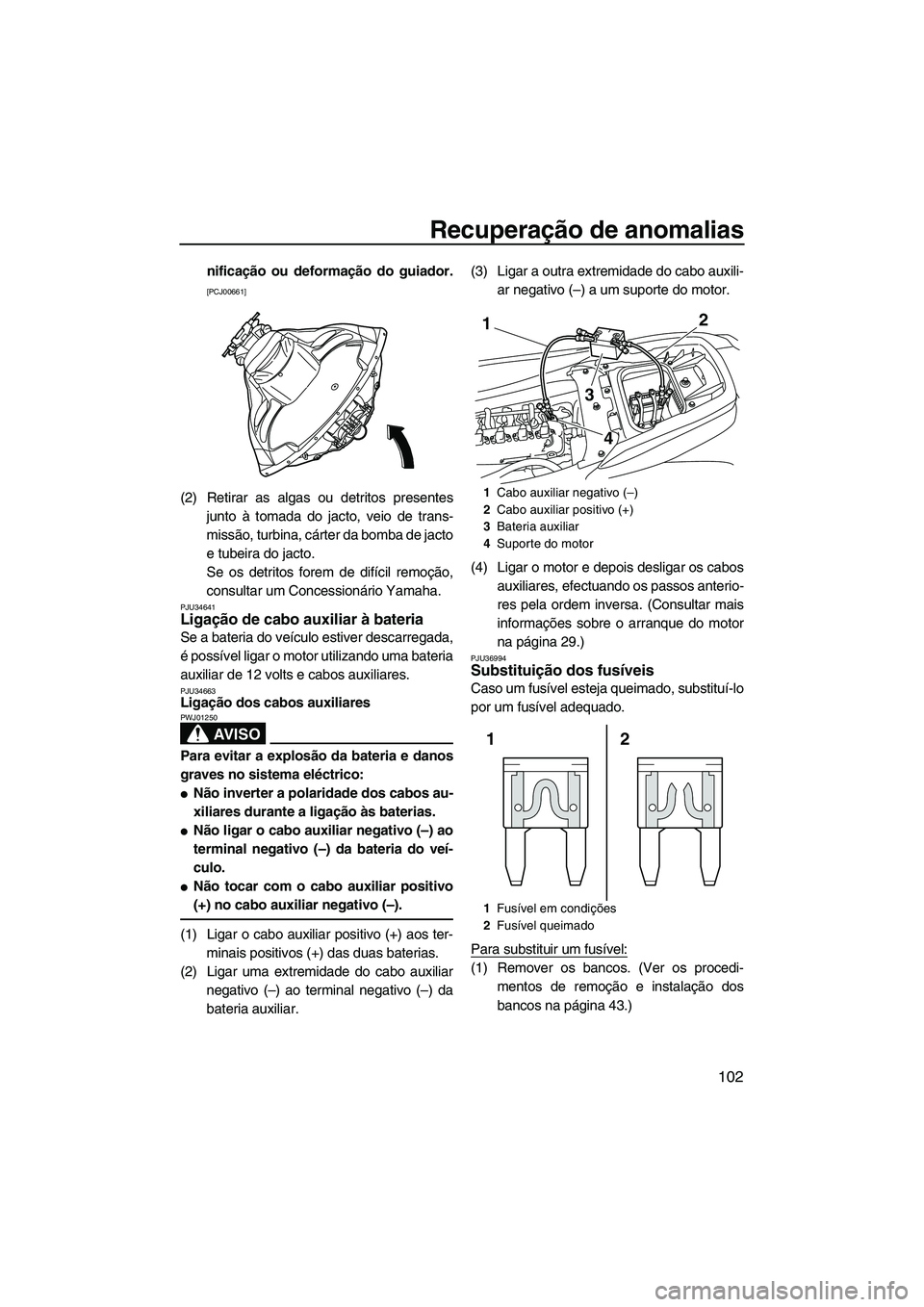 YAMAHA FZS 2013  Manual de utilização (in Portuguese) Recuperação de anomalias
102
nificação ou deformação do guiador.
[PCJ00661]
(2) Retirar as algas ou detritos presentesjunto à tomada do jacto, veio de trans-
missão, turbina, cárter da bomba 