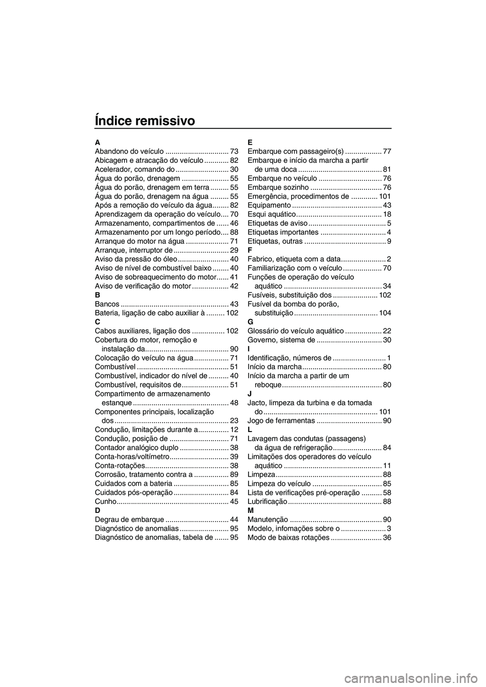YAMAHA FZS 2013 Manual de utilização (in Portuguese) Índice remissivo
A
Abandono do veículo ............................... 73
Abicagem e atracação do veículo ............ 82
Acelerador, comando do .......................... 30
Água do porão, dre YAMAHA FZS 2013 Manual de utilização (in Portuguese) Índice remissivo
A
Abandono do veículo ............................... 73
Abicagem e atracação do veículo ............ 82
Acelerador, comando do .......................... 30
Água do porão, dre