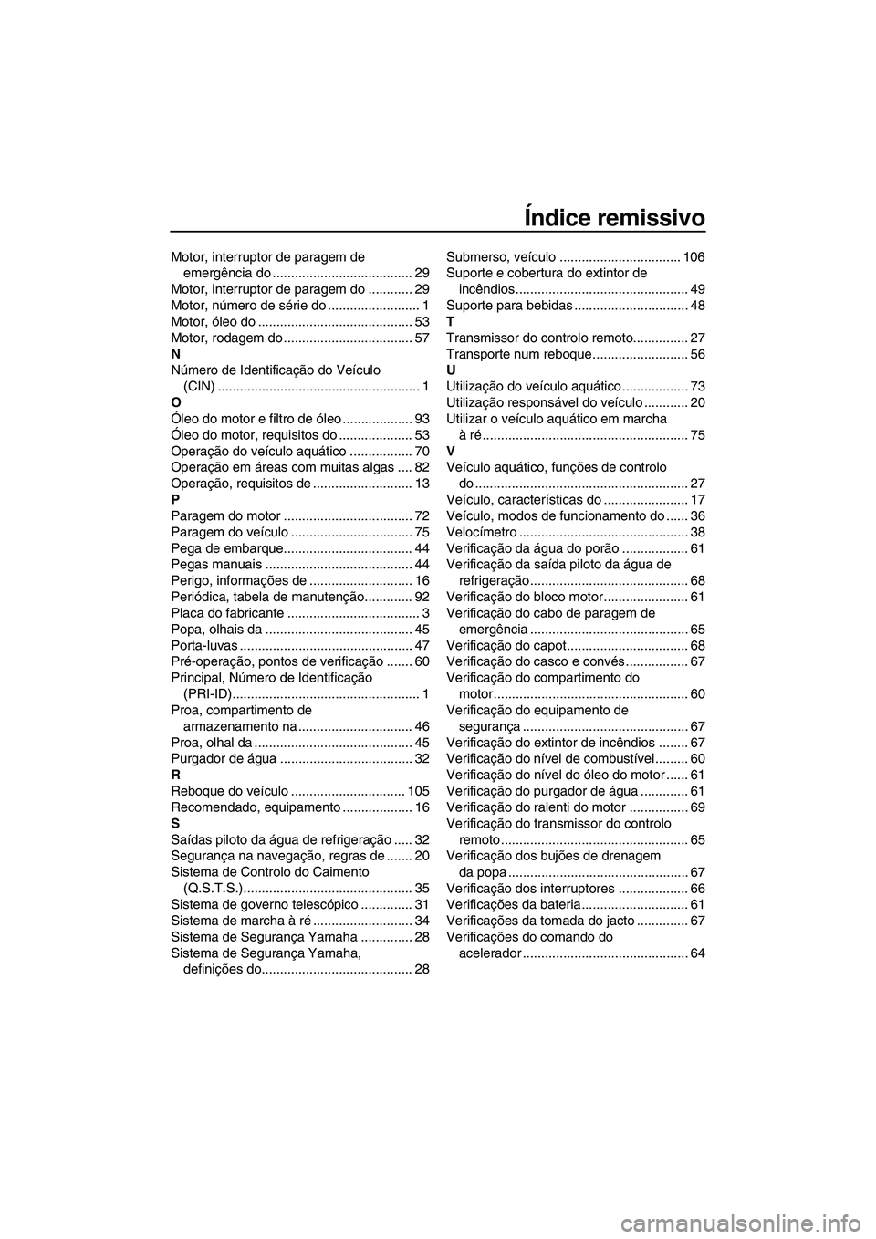 YAMAHA FZS 2013 Manual de utilização (in Portuguese) Índice remissivo
Motor, interruptor de paragem de emergência do ...................................... 29
Motor, interruptor de paragem do ............ 29
Motor, número de série do ............... YAMAHA FZS 2013 Manual de utilização (in Portuguese) Índice remissivo
Motor, interruptor de paragem de emergência do ...................................... 29
Motor, interruptor de paragem do ............ 29
Motor, número de série do ...............