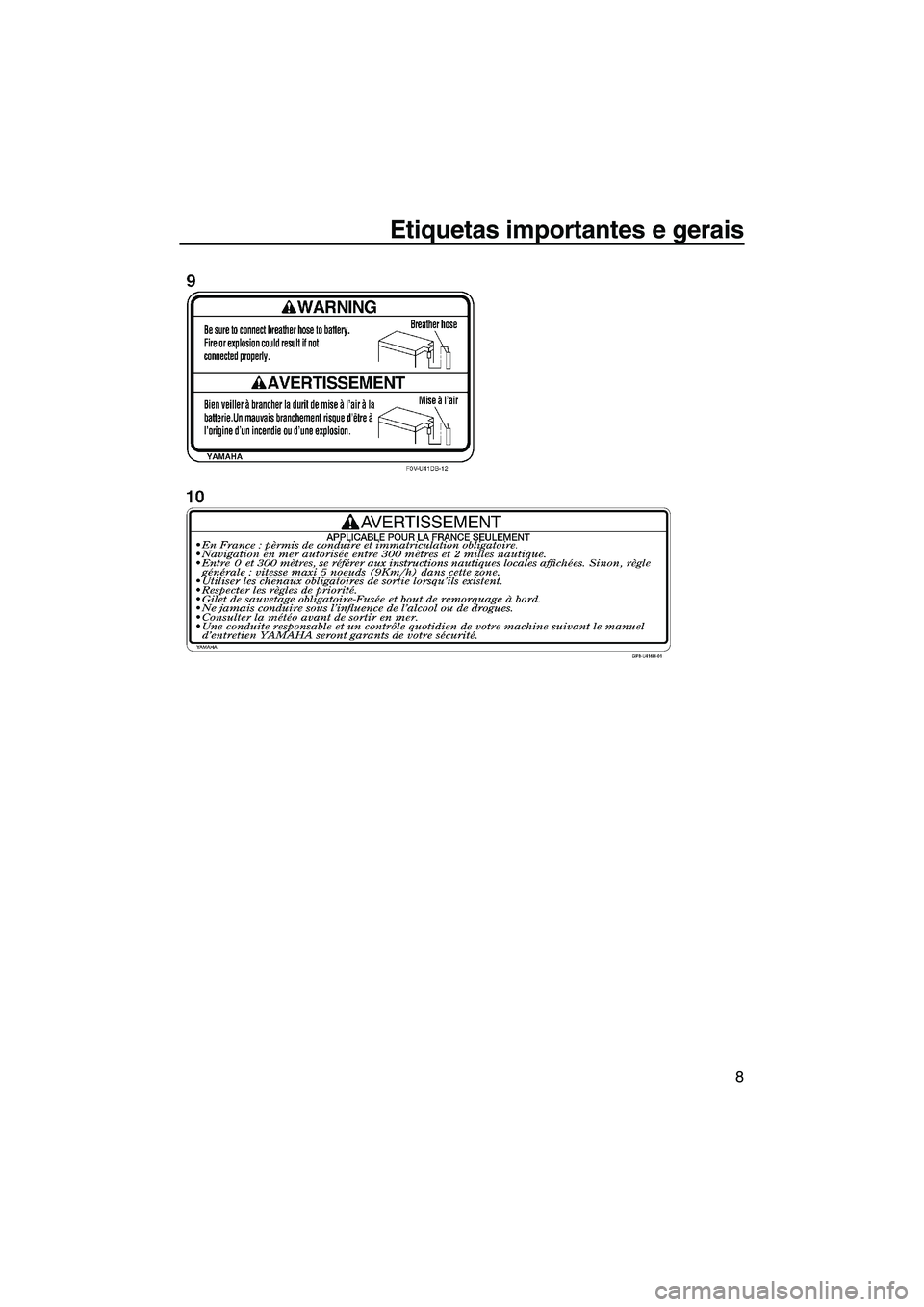 YAMAHA FZS 2013  Manual de utilização (in Portuguese) Etiquetas importantes e gerais
8
UF2C74P0.book  Page 8  Wednesday, August 1, 2012  2:18 PM 