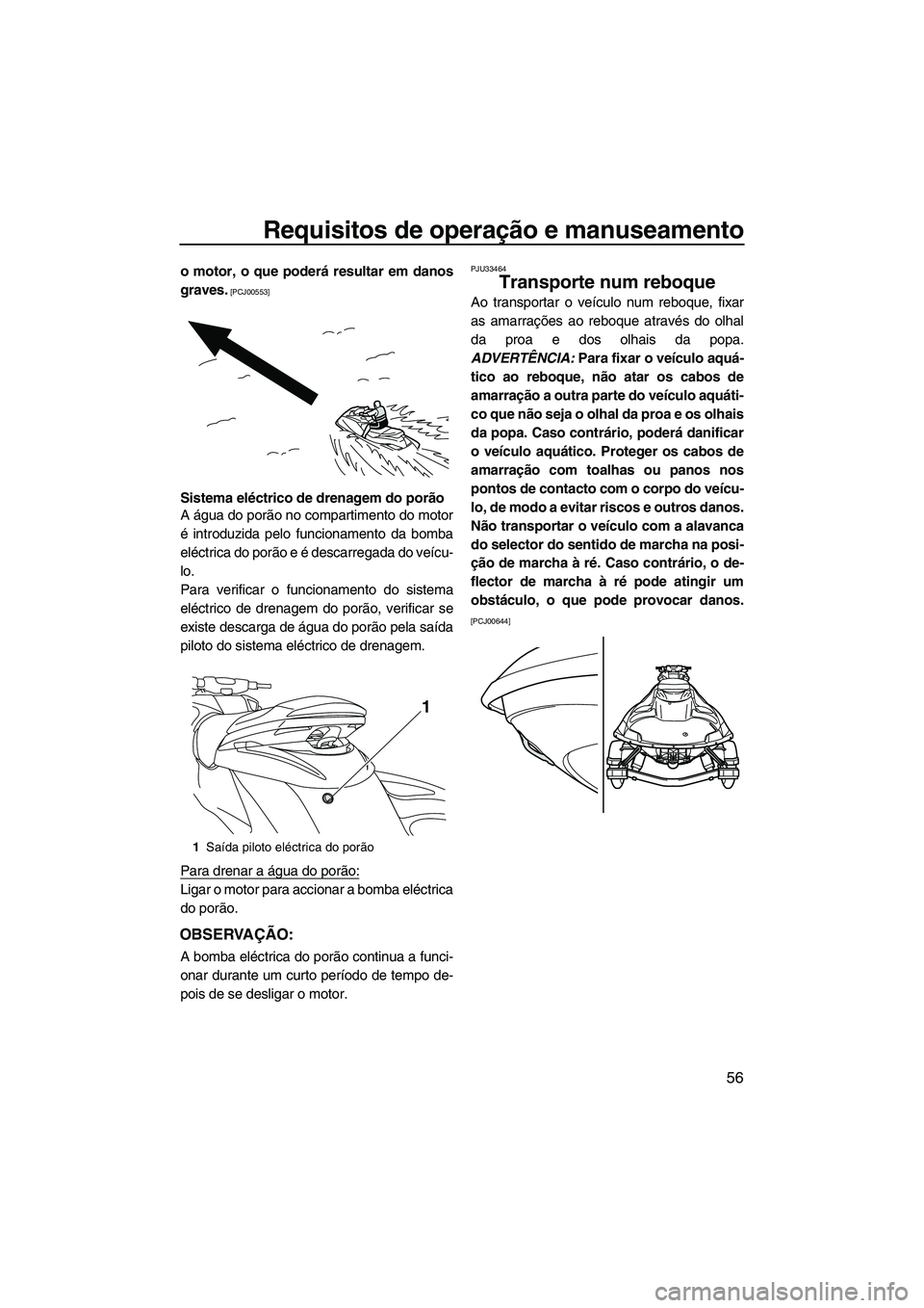 YAMAHA FZS 2013  Manual de utilização (in Portuguese) Requisitos de operação e manuseamento
56
o motor, o que poderá resultar em danos
graves.
 [PCJ00553]
Sistema eléctrico de drenagem do porão
A água do porão no compartimento do motor
é introduz