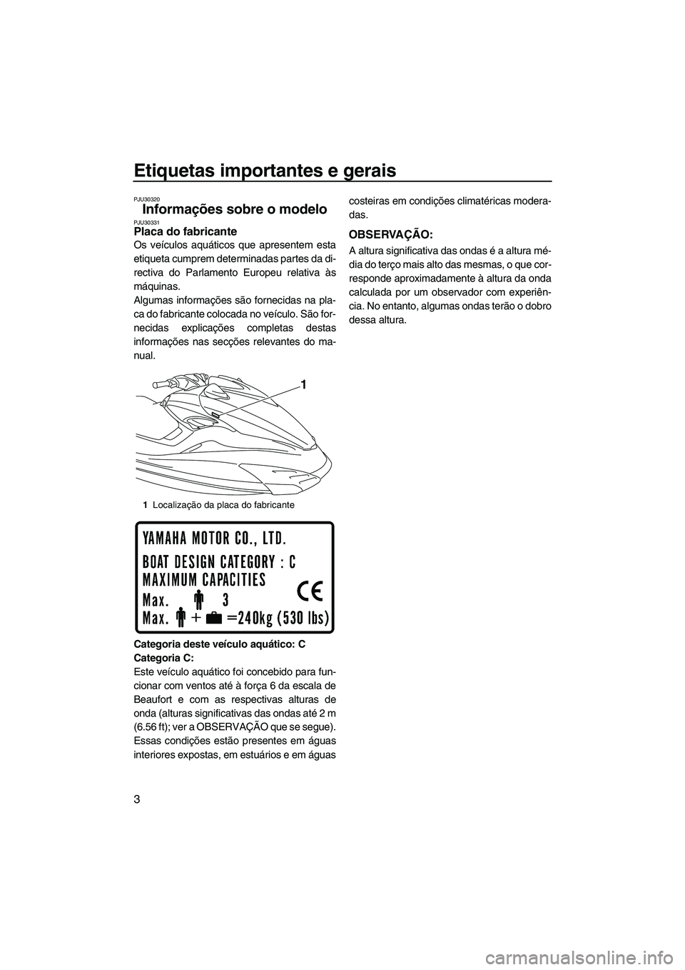 YAMAHA FZS 2013  Manual de utilização (in Portuguese) Etiquetas importantes e gerais
3
PJU30320
Informações sobre o modelo PJU30331Placa do fabricante 
Os veículos aquáticos que apresentem esta
etiqueta cumprem determinadas partes da di-
rectiva do P