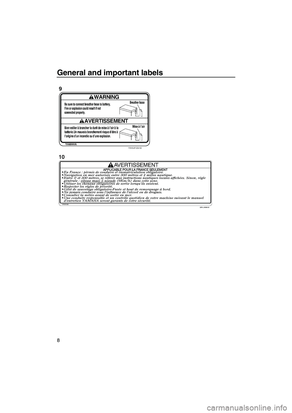 YAMAHA FZS 2012 User Guide General and important labels
8
UF2C73E0.book  Page 8  Monday, June 13, 2011  8:52 AM 