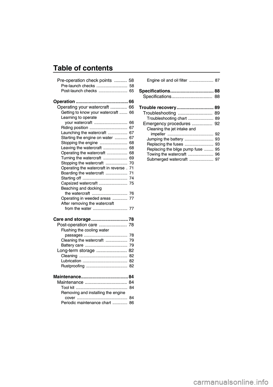 YAMAHA FZS SVHO 2012  Owners Manual Table of contents
Pre-operation check points  ..........  58
Pre-launch checks  ...........................  58
Post-launch checks  .........................  65
Operation ............................