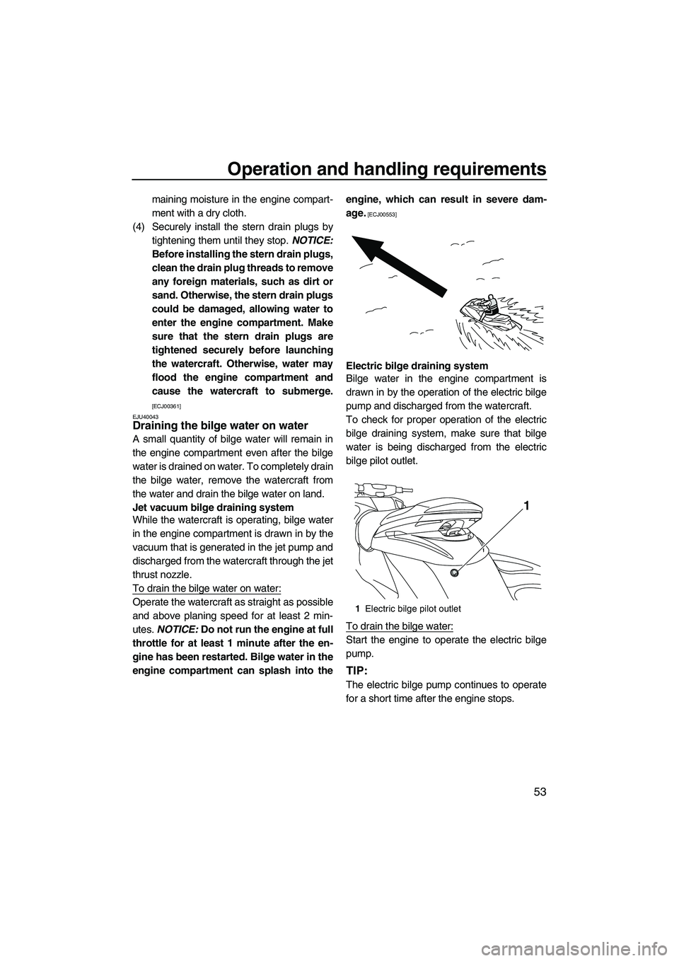 YAMAHA FZS 2012 Workshop Manual Operation and handling requirements
53
maining moisture in the engine compart-
ment with a dry cloth.
(4) Securely install the stern drain plugs by
tightening them until they stop. NOTICE:
Before inst