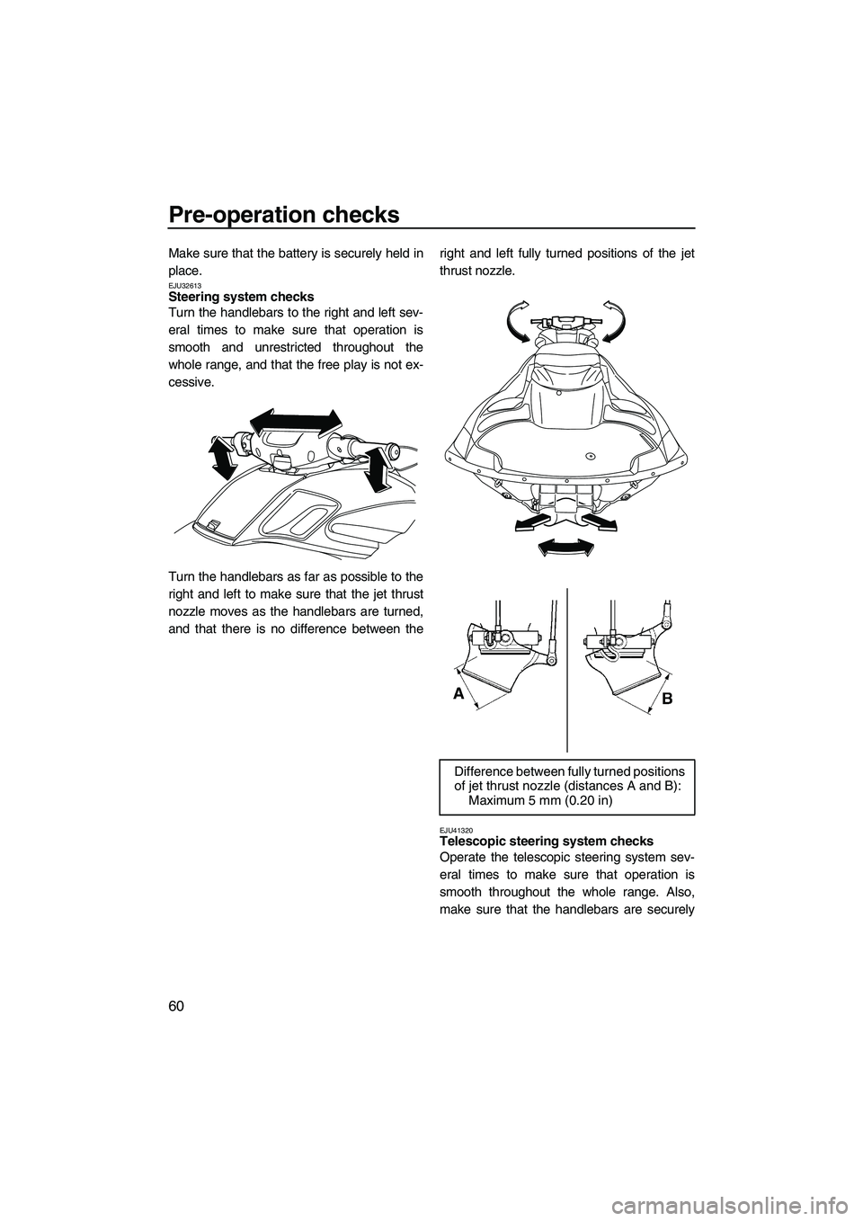 YAMAHA FZS SVHO 2012  Owners Manual Pre-operation checks
60
Make sure that the battery is securely held in
place.
EJU32613Steering system checks 
Turn the handlebars to the right and left sev-
eral times to make sure that operation is
s