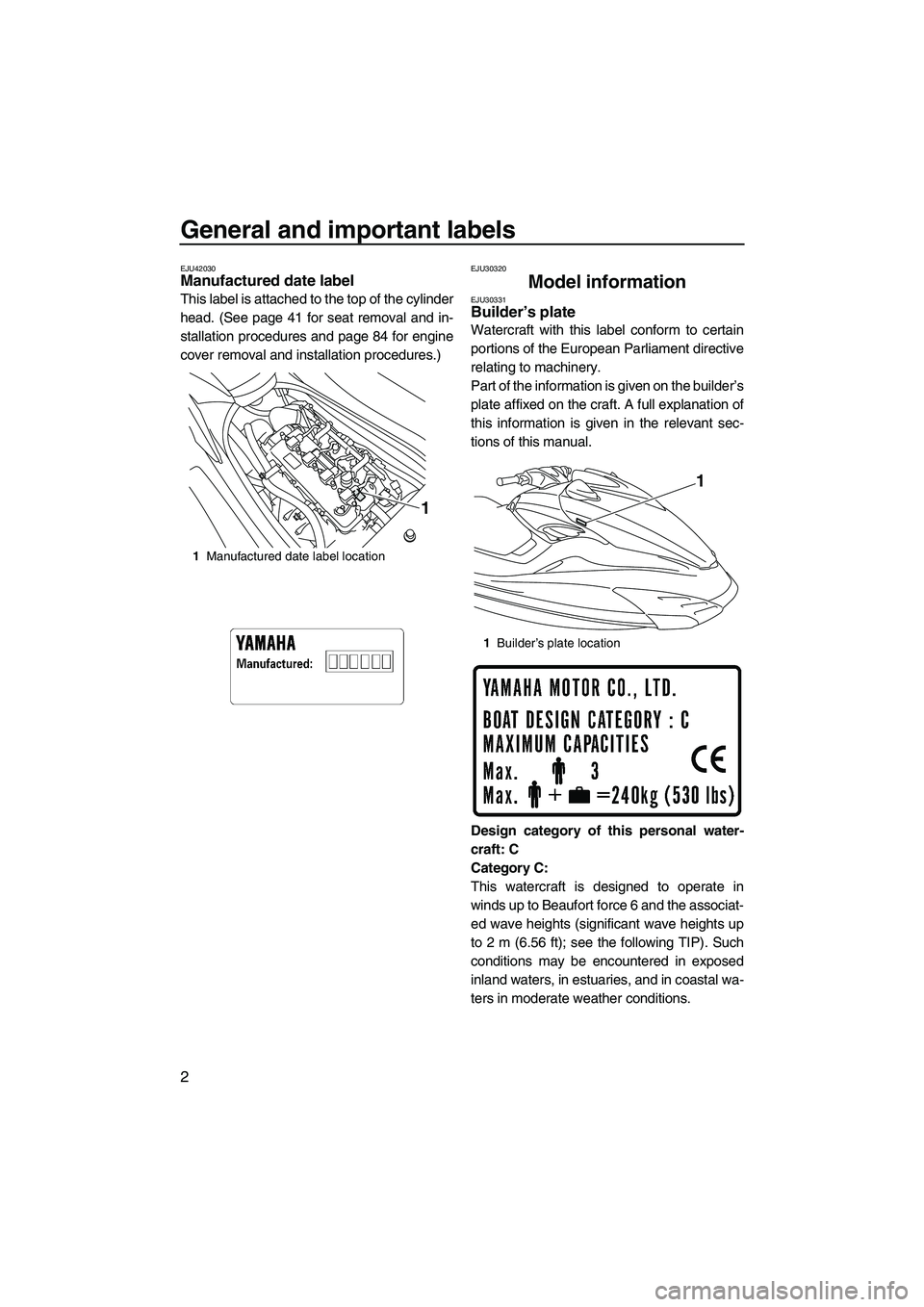 YAMAHA FZS 2012 Owners Manual General and important labels
2
EJU42030Manufactured date label
This label is attached to the top of the cylinder
head. (See page 41 for seat removal and in-
stallation procedures and page 84 for engi YAMAHA FZS 2012 Owners Manual General and important labels
2
EJU42030Manufactured date label
This label is attached to the top of the cylinder
head. (See page 41 for seat removal and in-
stallation procedures and page 84 for engi