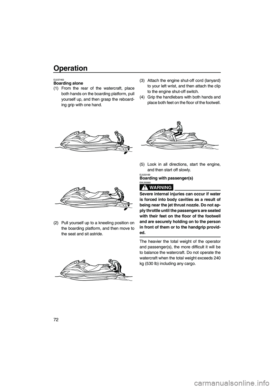 YAMAHA FZS 2012 Manual PDF Operation
72
EJU37463Boarding alone 
(1) From the rear of the watercraft, place
both hands on the boarding platform, pull
yourself up, and then grasp the reboard-
ing grip with one hand.
(2) Pull your