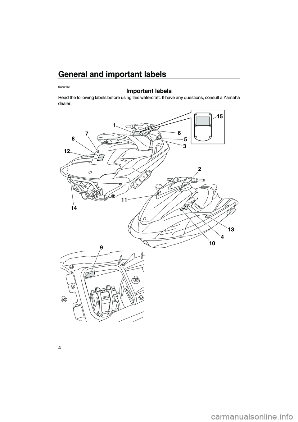 YAMAHA FZS 2012 Owners Manual General and important labels
4
EJU30452
Important labels
Read the following labels before using this watercraft. If have any questions, consult a Yamaha
dealer.
1
5
3
4
10 6
87
12
1411
13
2
9
15
UF2C YAMAHA FZS 2012 Owners Manual General and important labels
4
EJU30452
Important labels
Read the following labels before using this watercraft. If have any questions, consult a Yamaha
dealer.
1
5
3
4
10 6
87
12
1411
13
2
9
15
UF2C
