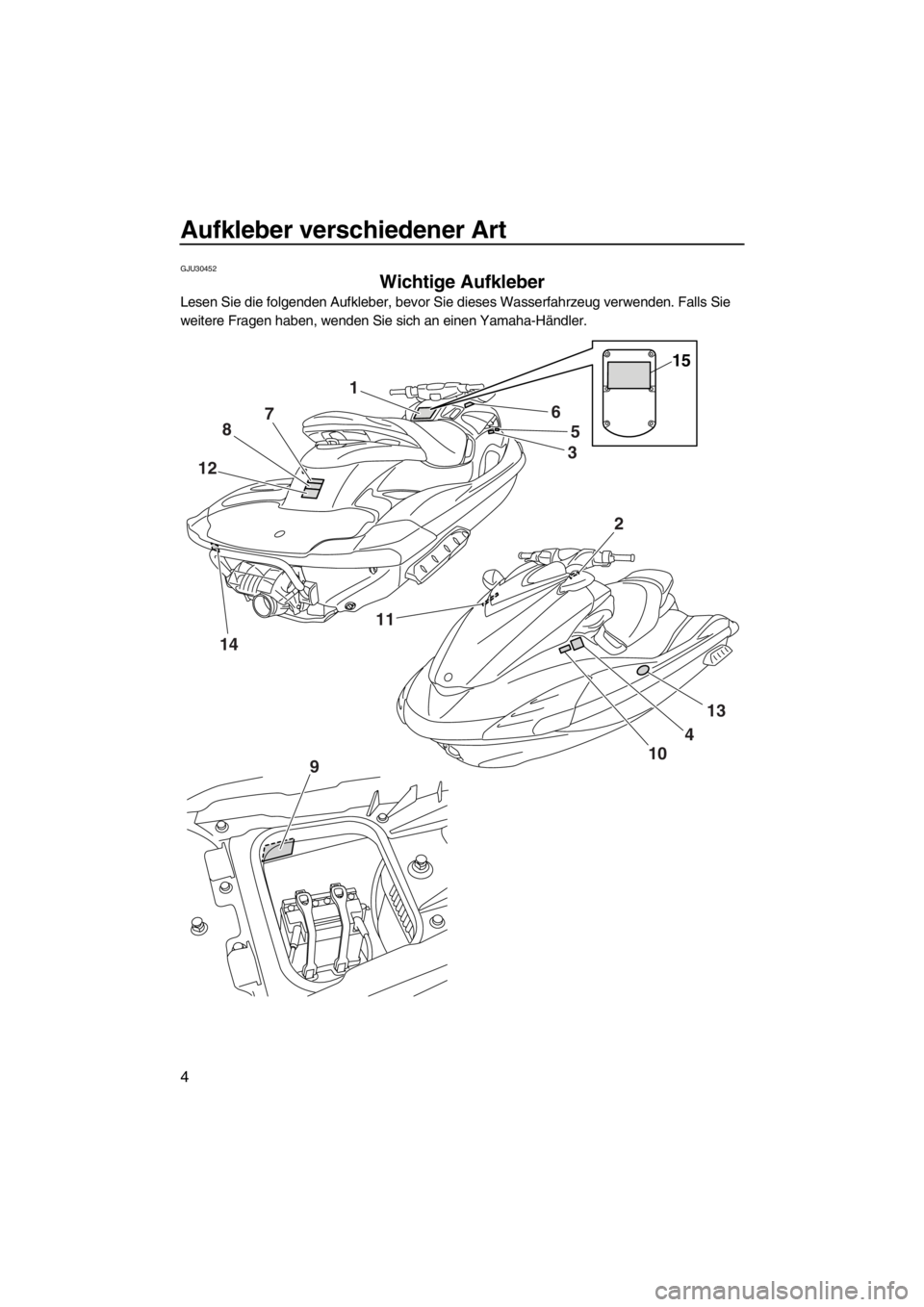 YAMAHA FZS SVHO 2012 Betriebsanleitungen (in German) Aufkleber verschiedener Art
4
GJU30452
Wichtige Aufkleber
Lesen Sie die folgenden Aufkleber, bevor Sie dieses Wasserfahrzeug verwenden. Falls Sie
weitere Fragen haben, wenden Sie sich an einen Yamah YAMAHA FZS SVHO 2012 Betriebsanleitungen (in German) Aufkleber verschiedener Art
4
GJU30452
Wichtige Aufkleber
Lesen Sie die folgenden Aufkleber, bevor Sie dieses Wasserfahrzeug verwenden. Falls Sie
weitere Fragen haben, wenden Sie sich an einen Yamah