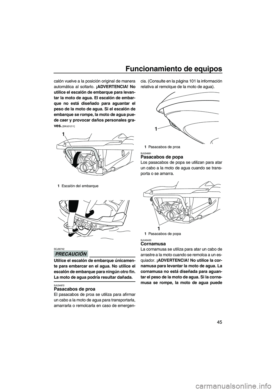 YAMAHA FZS 2012  Manuale de Empleo (in Spanish) Funcionamiento de equipos
45
calón vuelve a la posición original de manera
automática al soltarlo. ¡ADVERTENCIA! No
utilice el escalón de embarque para levan-
tar la moto de agua. El escalón de 