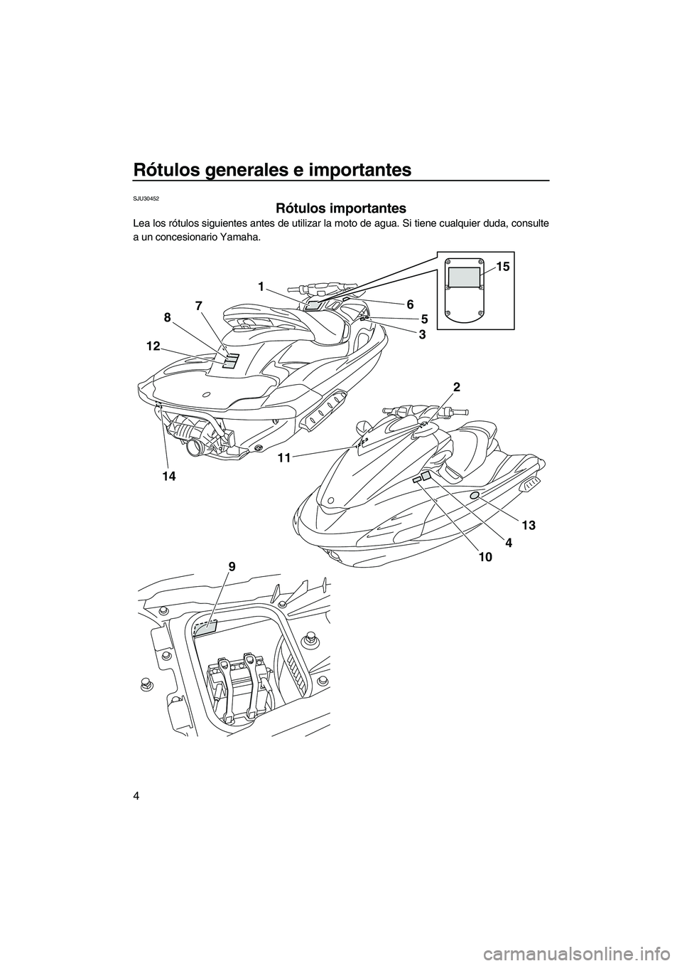 YAMAHA FZS 2012 Manuale de Empleo (in Spanish) Rótulos generales e importantes
4
SJU30452
Rótulos importantes
Lea los rótulos siguientes antes de utilizar la moto de agua. Si tiene cualquier duda, consulte
a un concesionario Yamaha.
1
5
3
4
10 YAMAHA FZS 2012 Manuale de Empleo (in Spanish) Rótulos generales e importantes
4
SJU30452
Rótulos importantes
Lea los rótulos siguientes antes de utilizar la moto de agua. Si tiene cualquier duda, consulte
a un concesionario Yamaha.
1
5
3
4
10
