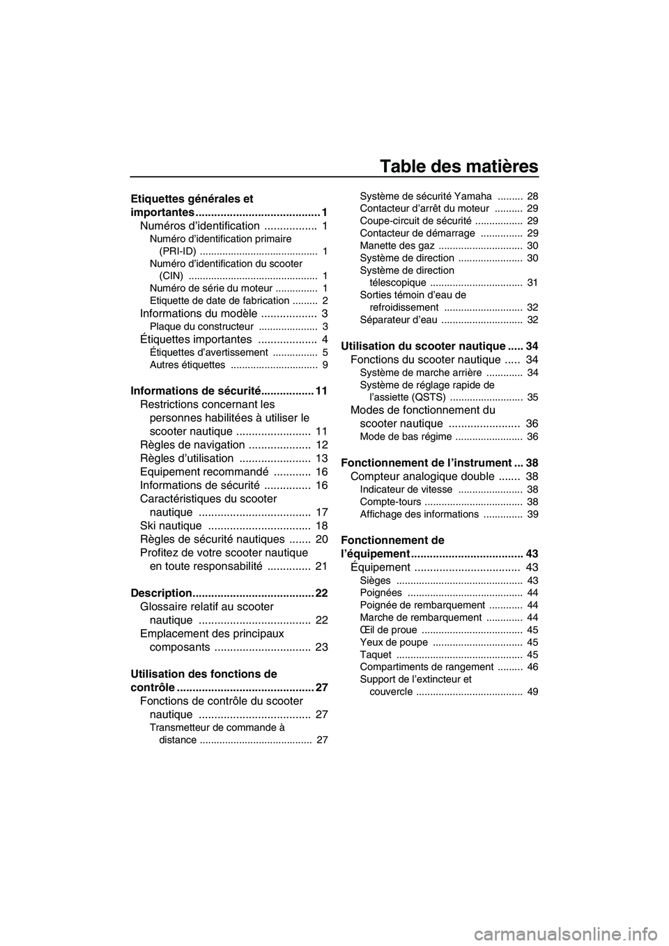 YAMAHA FZS 2012 Notices Demploi (in French) Table des matières
Etiquettes générales et
importantes ........................................ 1
Numéros d’identification ................. 1
Numéro d’identification primaire
(PRI-ID) ... YAMAHA FZS 2012 Notices Demploi (in French) Table des matières
Etiquettes générales et
importantes ........................................ 1
Numéros d’identification ................. 1
Numéro d’identification primaire
(PRI-ID) ...